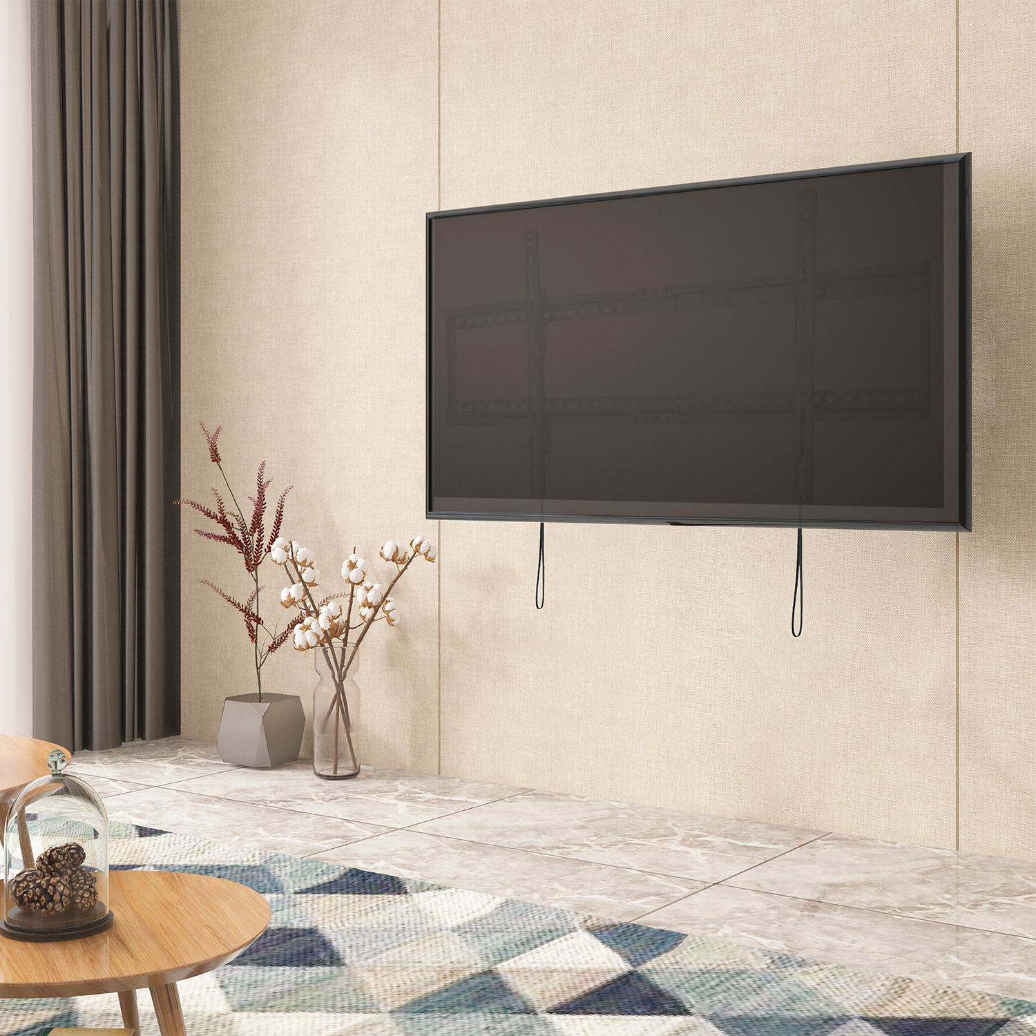 Salón moderno con TV grande, plantas en jarrones, mesa redonda de madera y alfombra estampada.