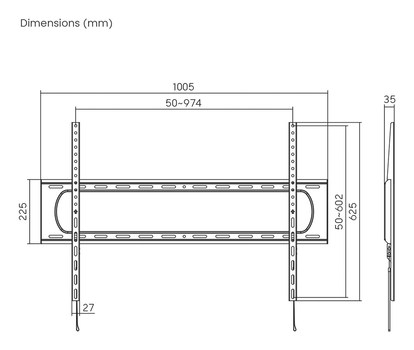 Diagramma di un supporto a parete per TV nero, con dimensioni in millimetri. Mostra una barra orizzontale e supporti verticali.