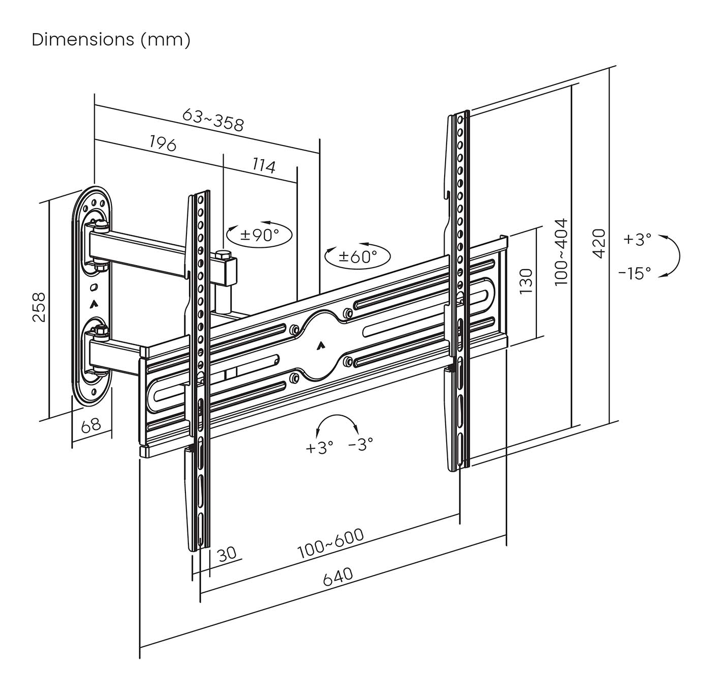 Disegno tecnico di un supporto a parete con dimensioni in mm. Include angoli, misure e un intervallo di regolazione.