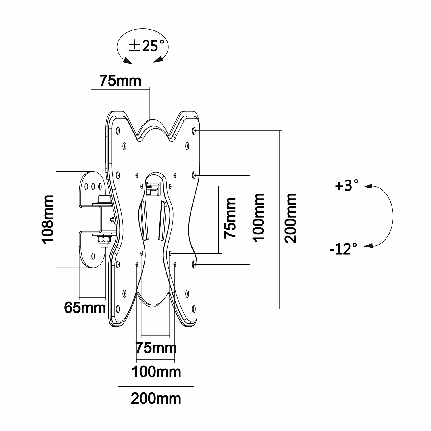 Diagramma in bianco e nero di un supporto a parete con misure in millimetri. Gli angoli sono indicati con valori in gradi.