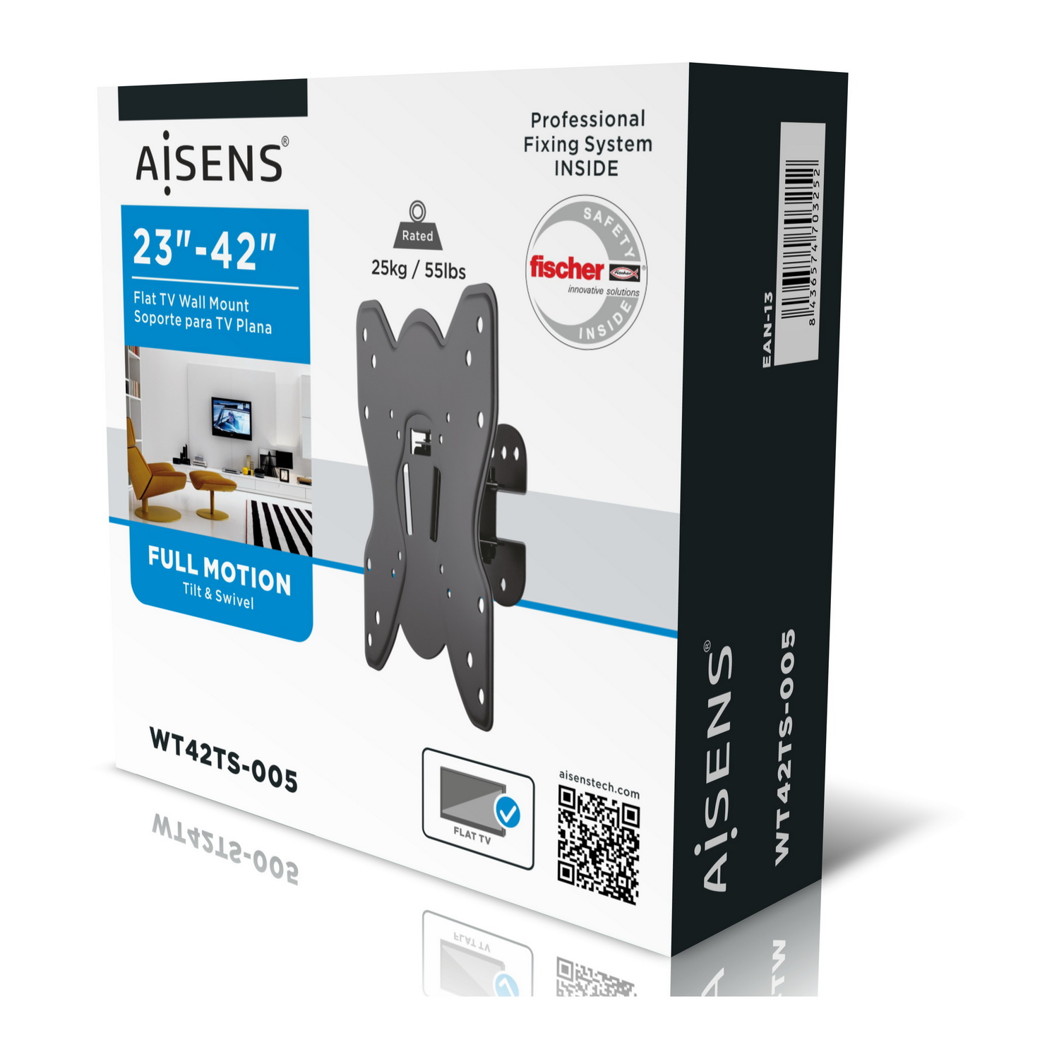 Scatola per supporto a parete TV con dettagli del prodotto: 23"-42", capacità 25 kg/55 libbre, full motion. Marca: AISENS. Include caratteristiche di sicurezza.
