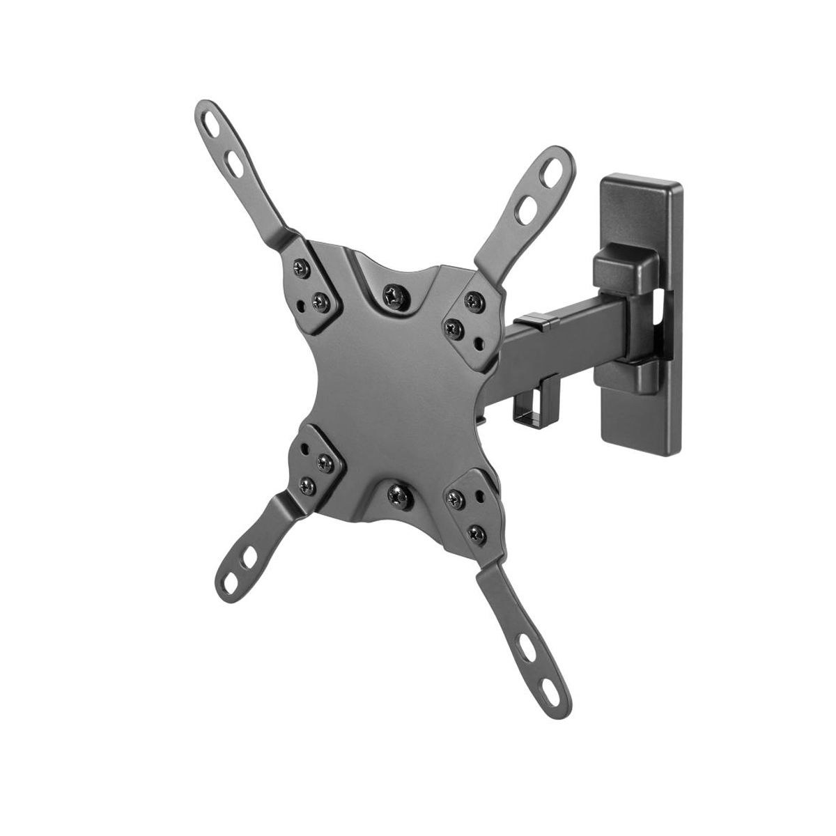 Un supporto a parete grigio per TV. Ha una piastra centrale con bracci estensibili e una piastra verticale per il montaggio a parete.