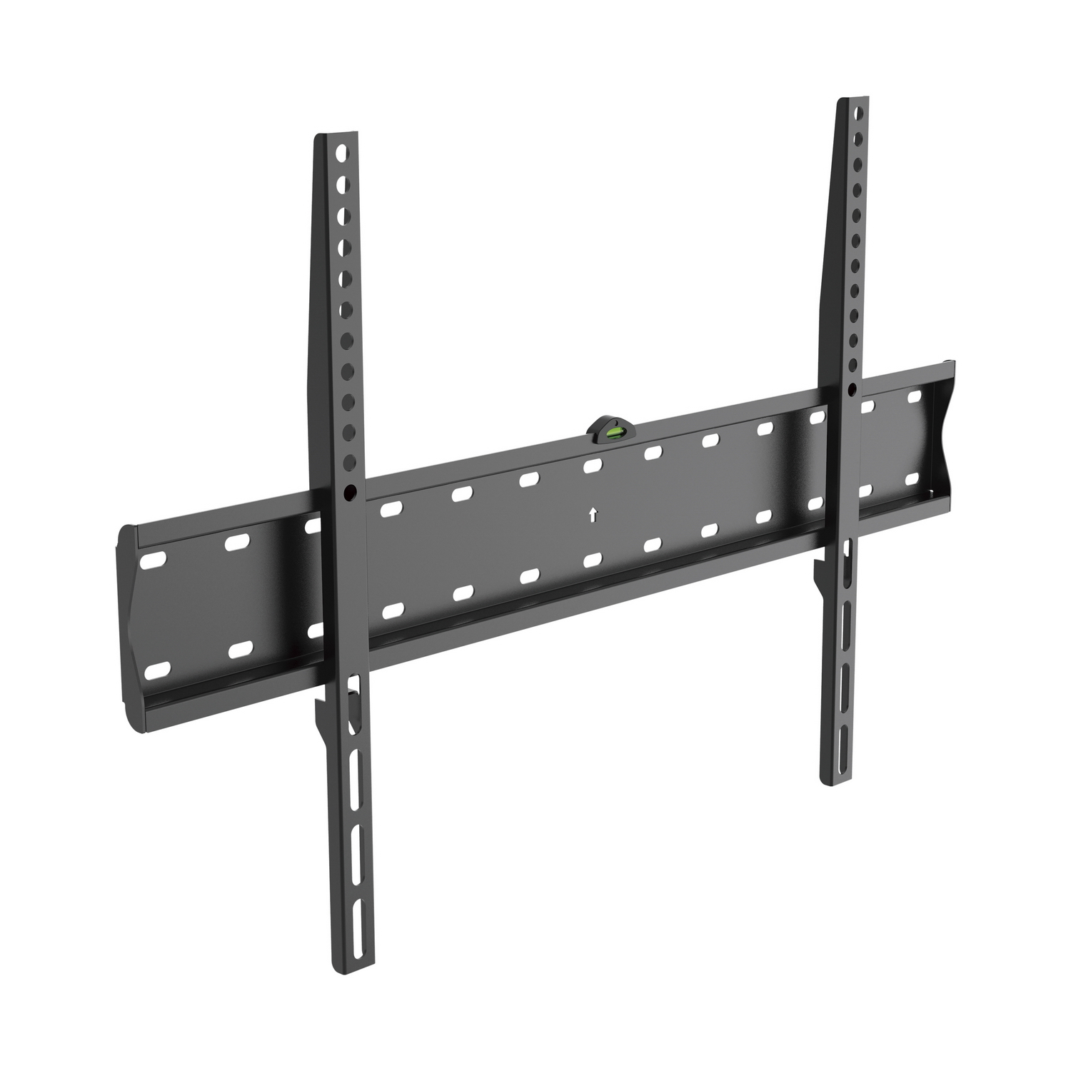 Un soporte de pared negro para TV. Tiene una barra horizontal larga con agujeros y dos soportes verticales con múltiples agujeros.