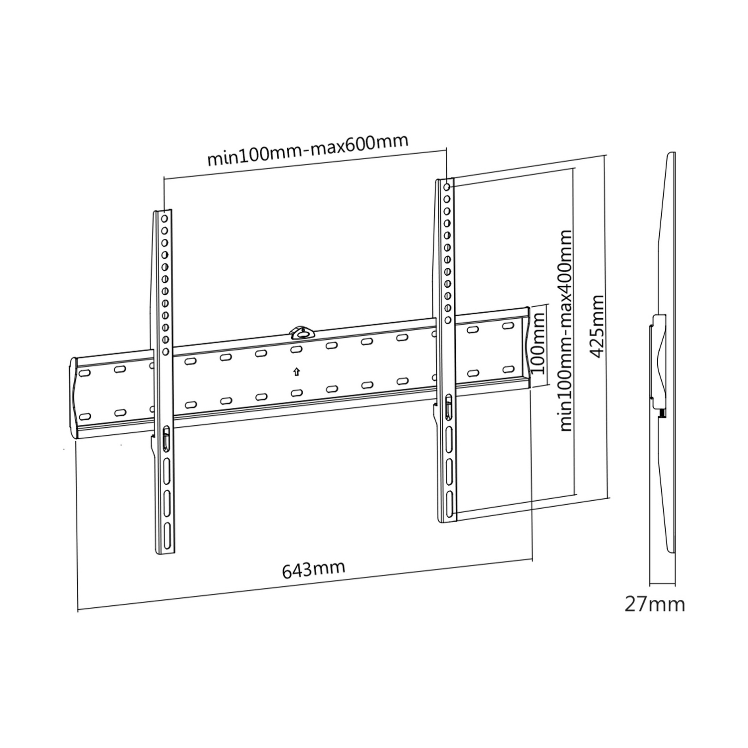 Un soporte de pared para TV blanco con dimensiones etiquetadas: 643 mm, min100 mm-max600 mm, min100 mm-max400 mm, 425 mm, 27 mm y 100 mm.