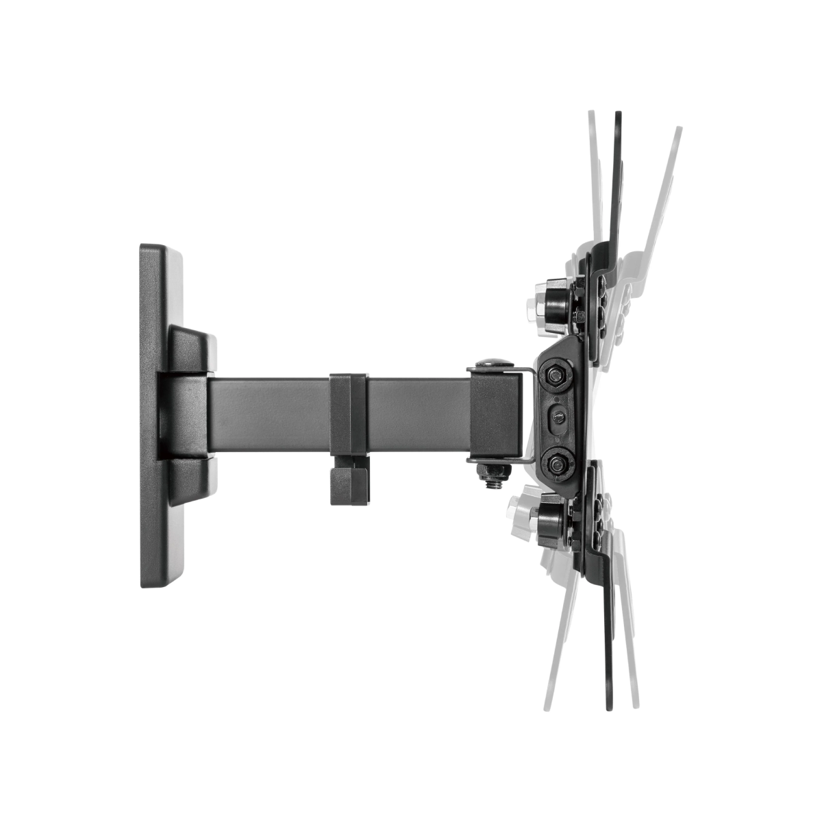 Un supporto a parete TV nero e articolato su sfondo bianco. Ha più giunti e hardware di montaggio.