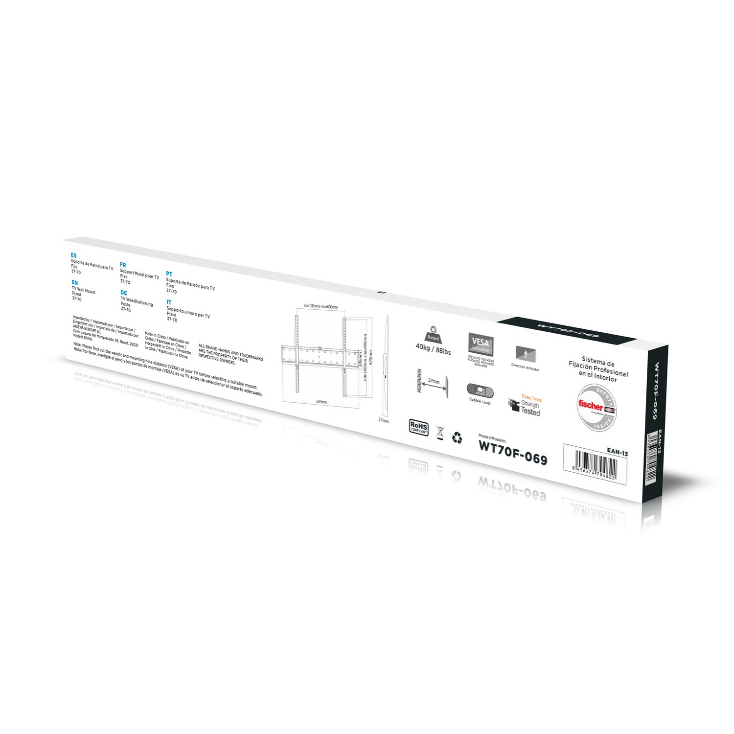 Una caja blanca con texto negro, un soporte de pared para TV y un diagrama con medidas. Contiene la marca fischer.