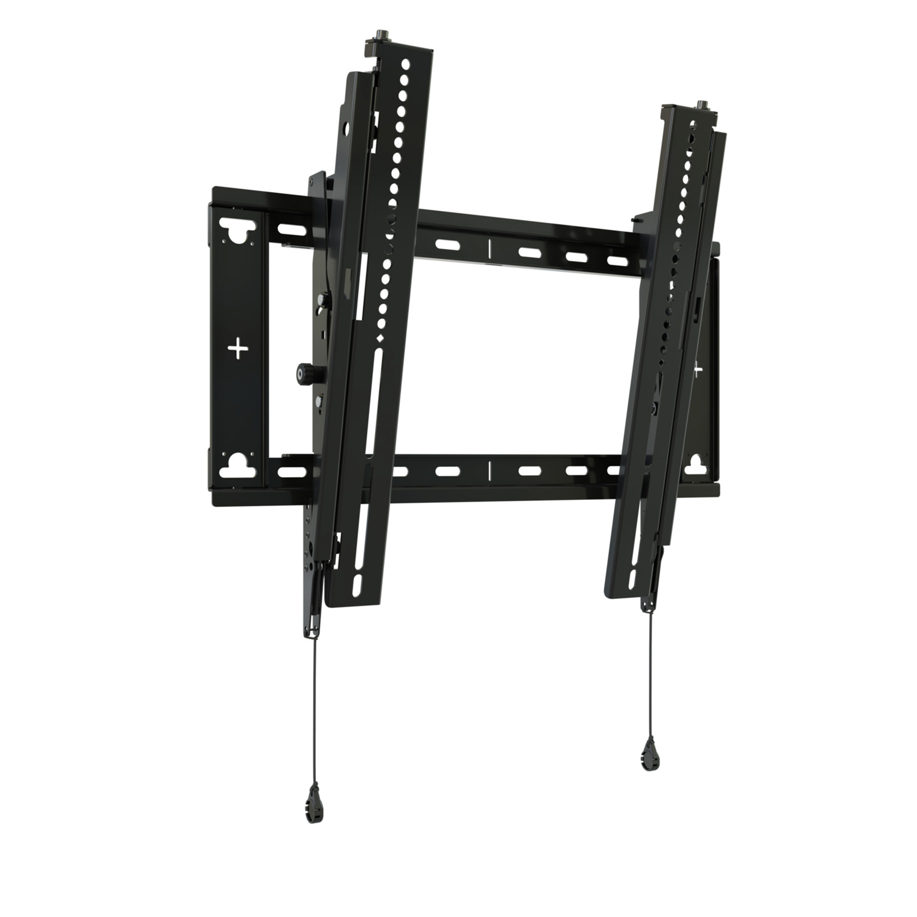 Una staffa TV nera da parete. Ha due supporti verticali con guide di regolazione e un telaio centrale con fori di montaggio.