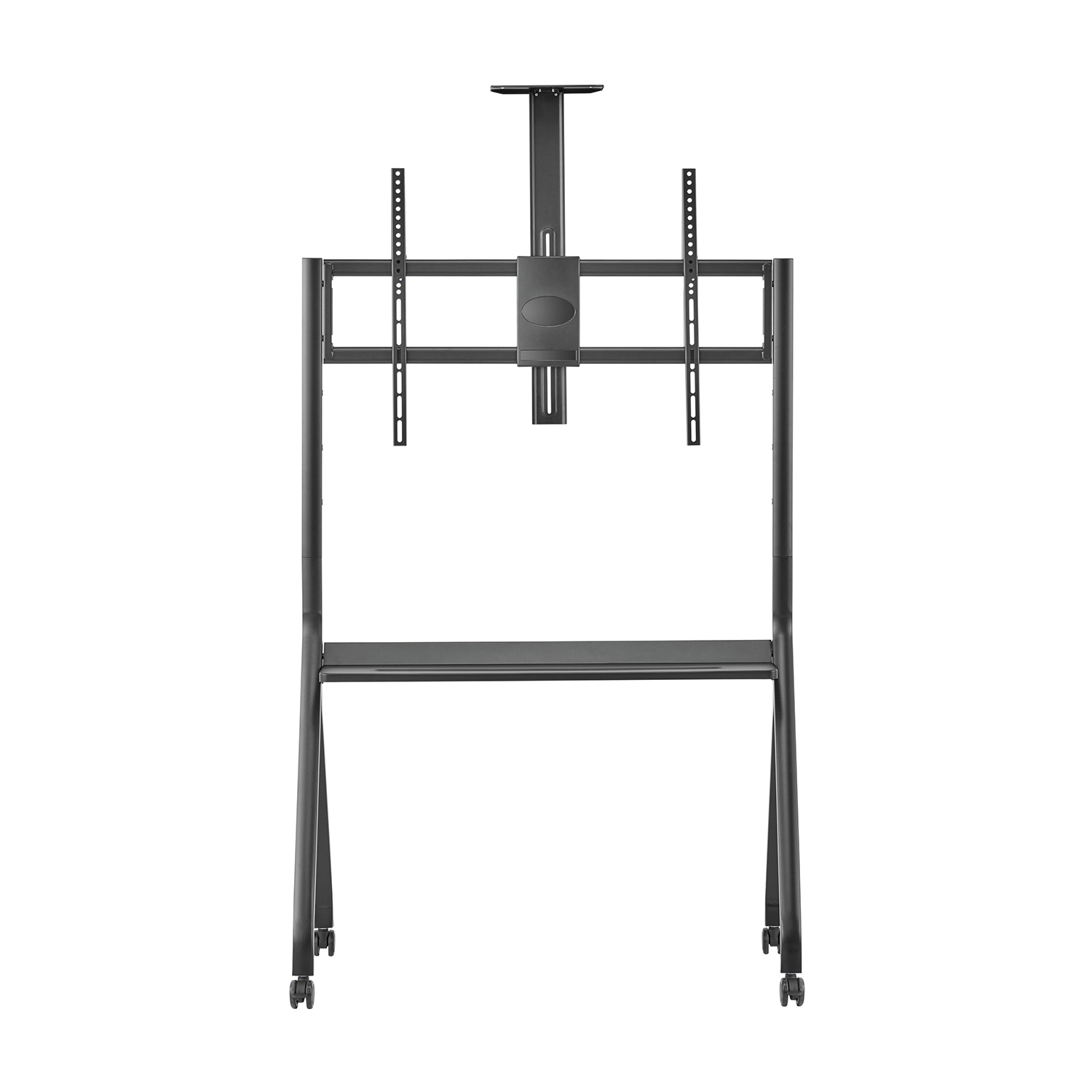 Soporte de TV de metal negro. Tiene un estante, un soporte para el televisor y ruedas en la parte inferior. Aislado sobre fondo blanco.