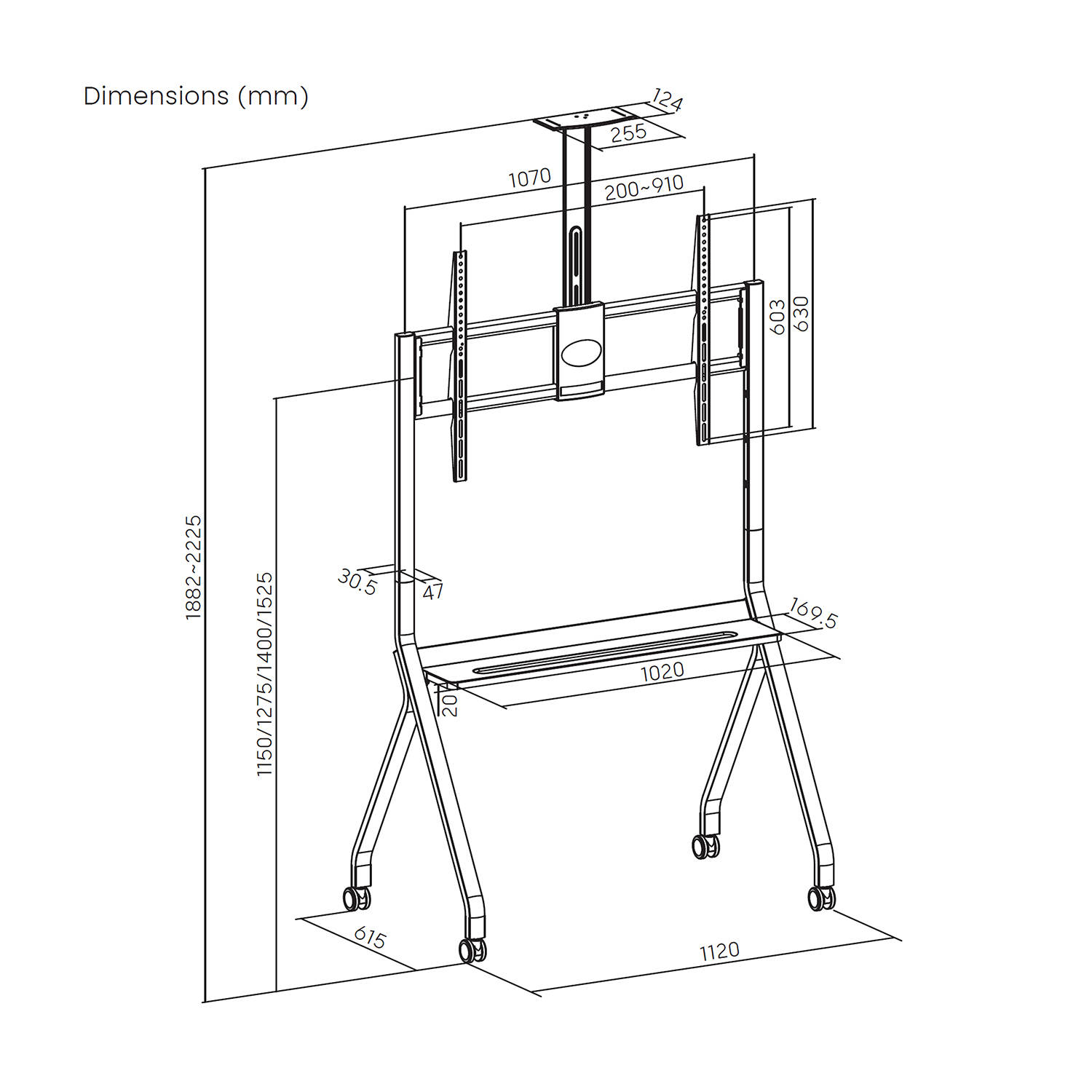 Un dibujo técnico muestra un soporte de TV móvil con medidas en milímetros. El soporte es sobre ruedas y tiene altura ajustable.