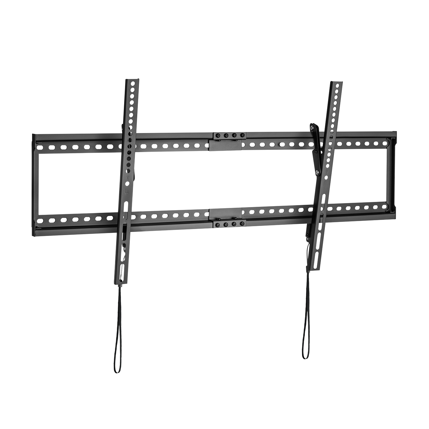 Un soporte de TV negro. Tiene un marco rectangular con agujeros y dos soportes verticales. Cada soporte tiene una correa negra colgando.