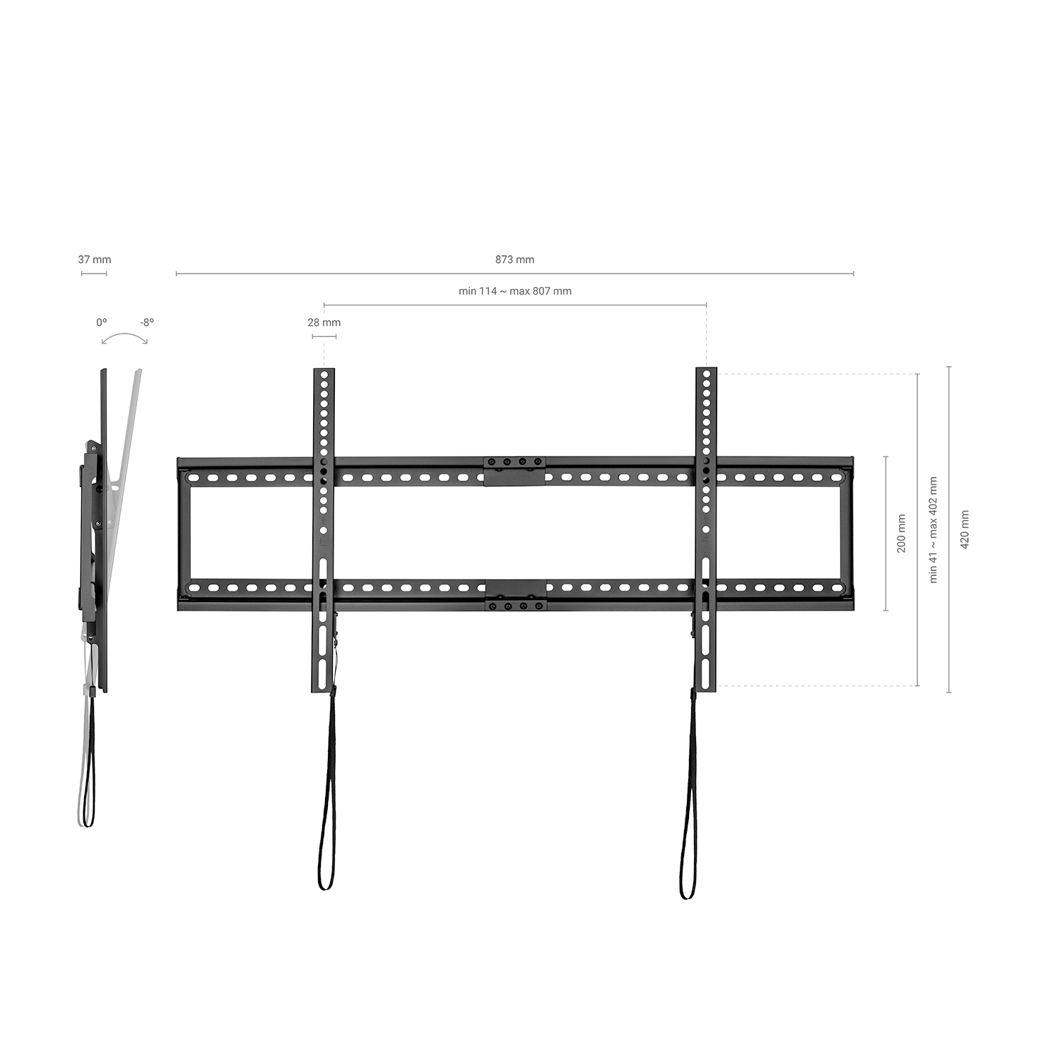 Soporte de TV negro con dimensiones. Muestra vistas lateral y frontal. Dimensiones incluyen longitudes y ángulos. Medidas en mm.