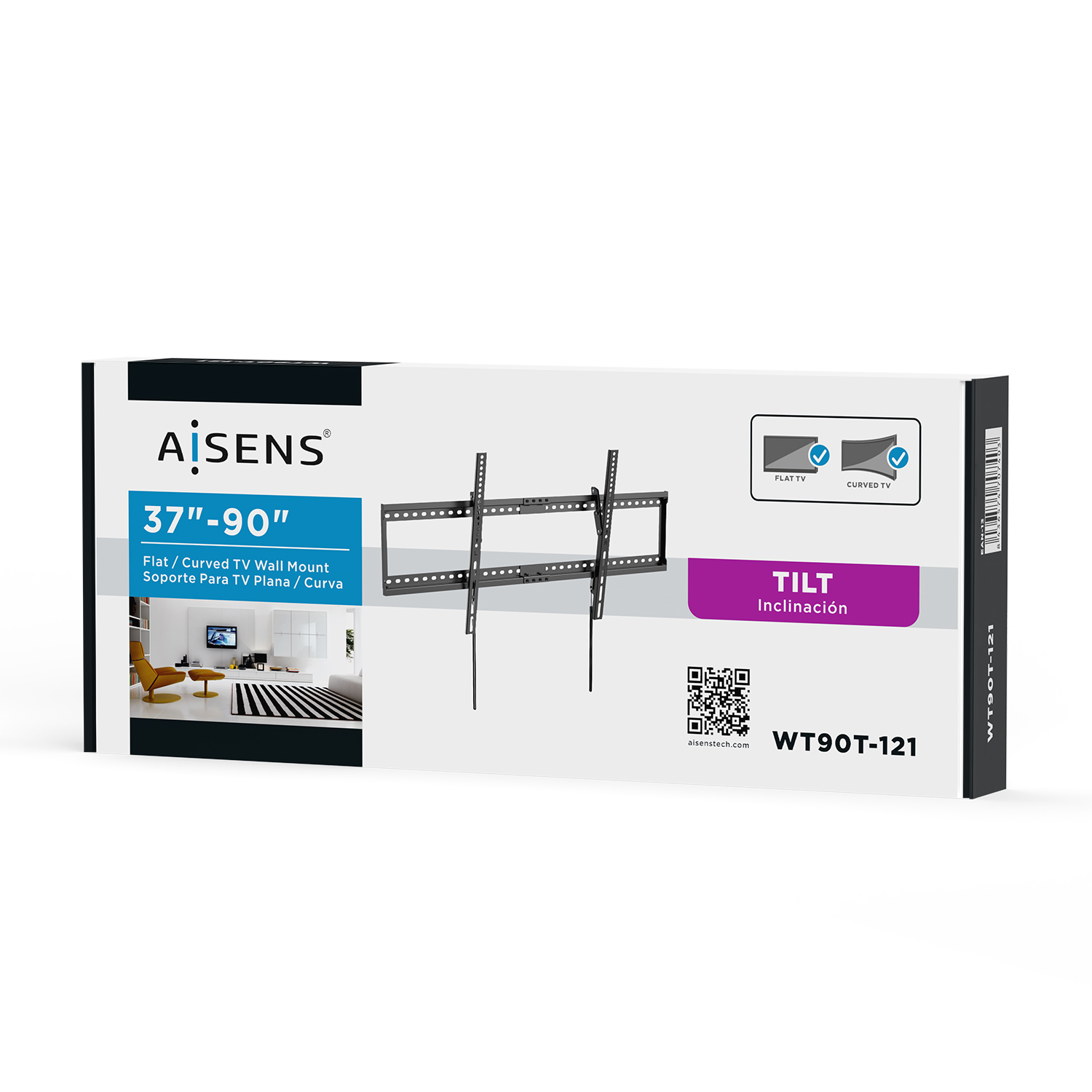 Caja con soporte de pared para TV. Texto incluye 'AISENS', '37-90', 'Flat/Curved TV Wall Mount', 'TILT' y 'WT90T-121'.