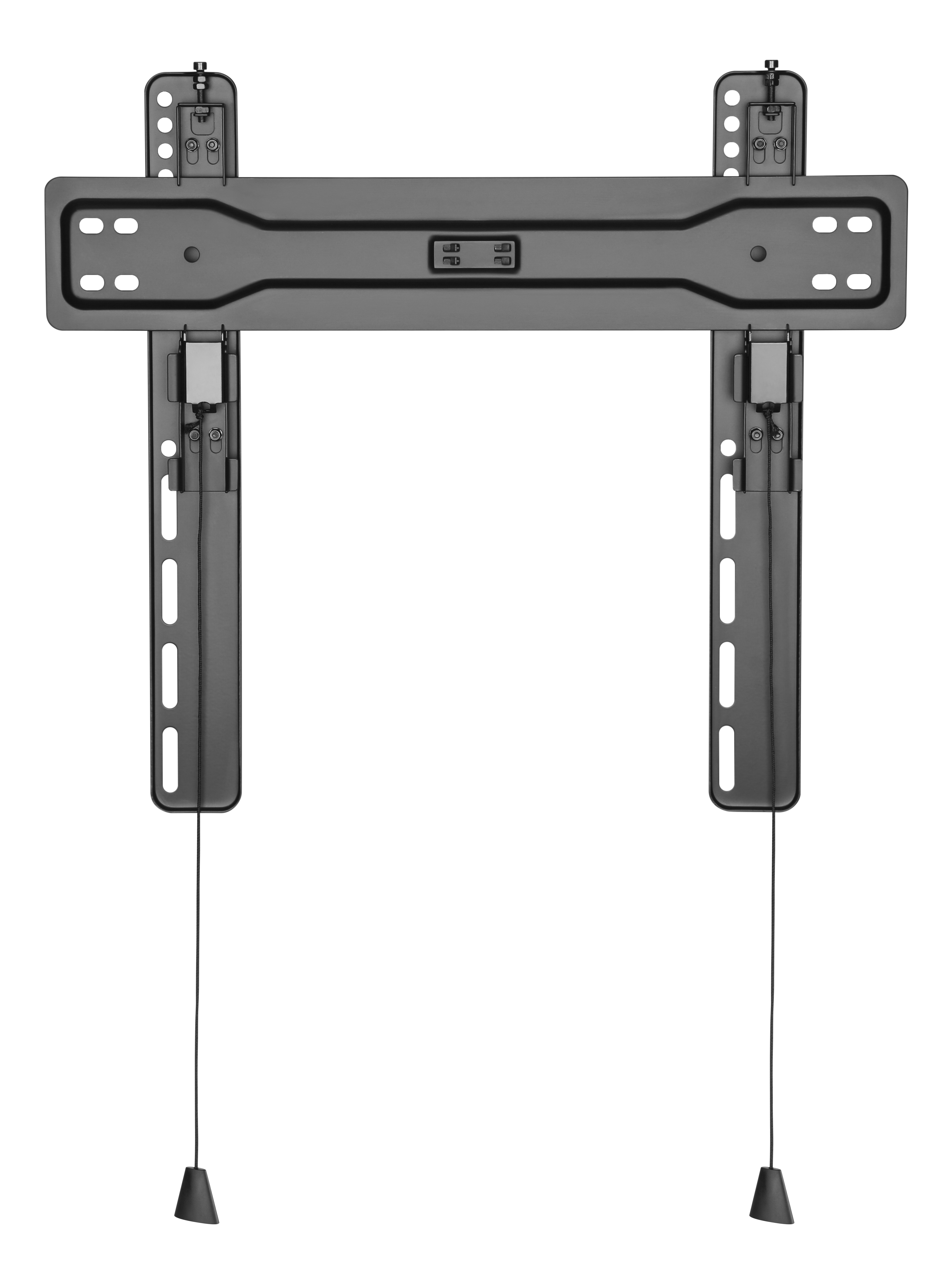 Un supporto a parete per TV grigio scuro. Ha due supporti verticali con cordini e una staffa orizzontale.