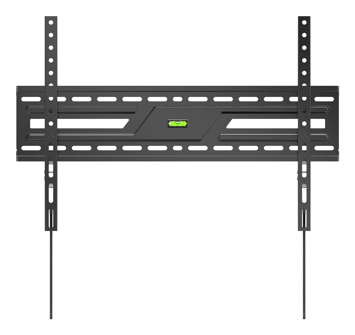 Un supporto a parete per TV nero con livello. Ha diversi fori e fessure per la regolazione. Due supporti verticali pendono.