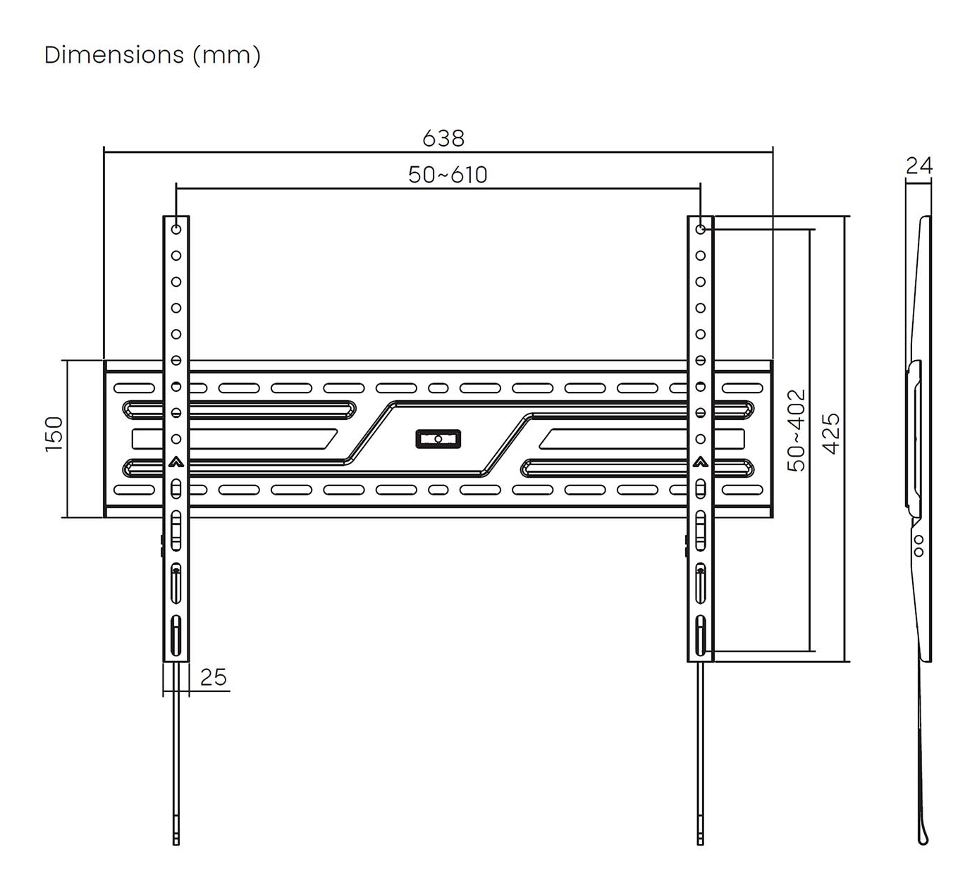 Diagramma di un supporto a parete per TV, che mostra le dimensioni in millimetri. Ha due barre verticali e una staffa orizzontale.
