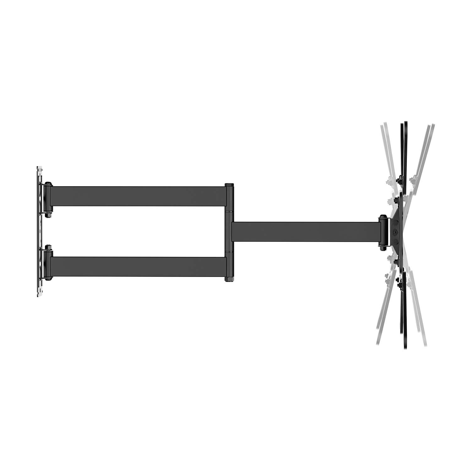 Un soporte de pared negro para TV con un brazo articulado. Está montado en una pared blanca. El brazo está extendido con un mecanismo de inclinación.