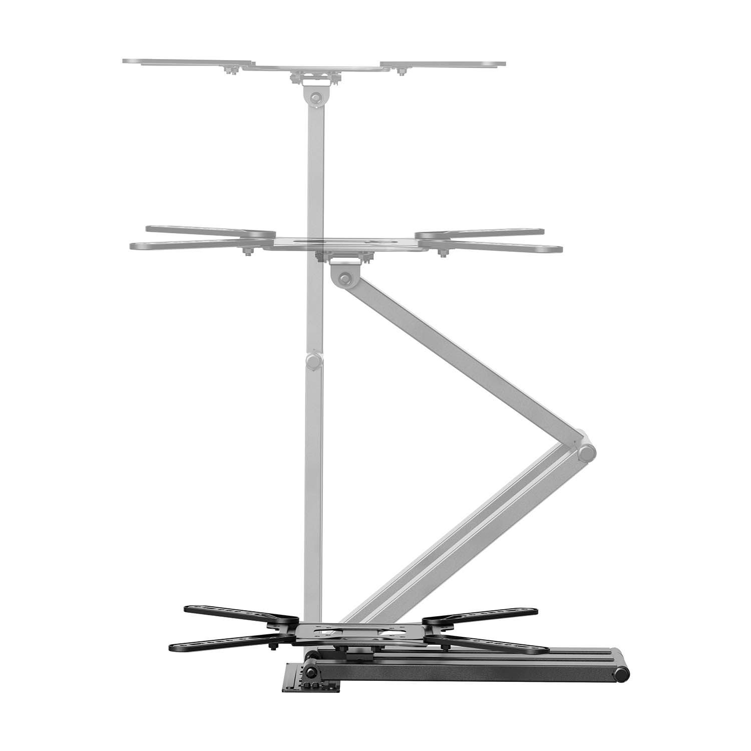 Un soporte de TV plateado y negro, con múltiples brazos y plataformas. El soporte está diseñado para sostener un televisor de pantalla plana.
