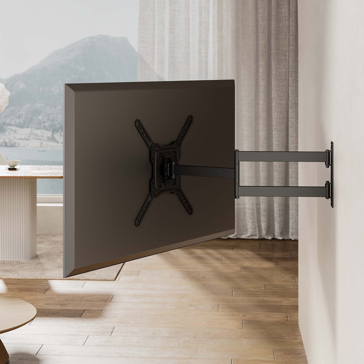 Un televisor grande y oscuro está montado en una pared con un brazo articulado negro. En el fondo se ve una montaña y un lago.