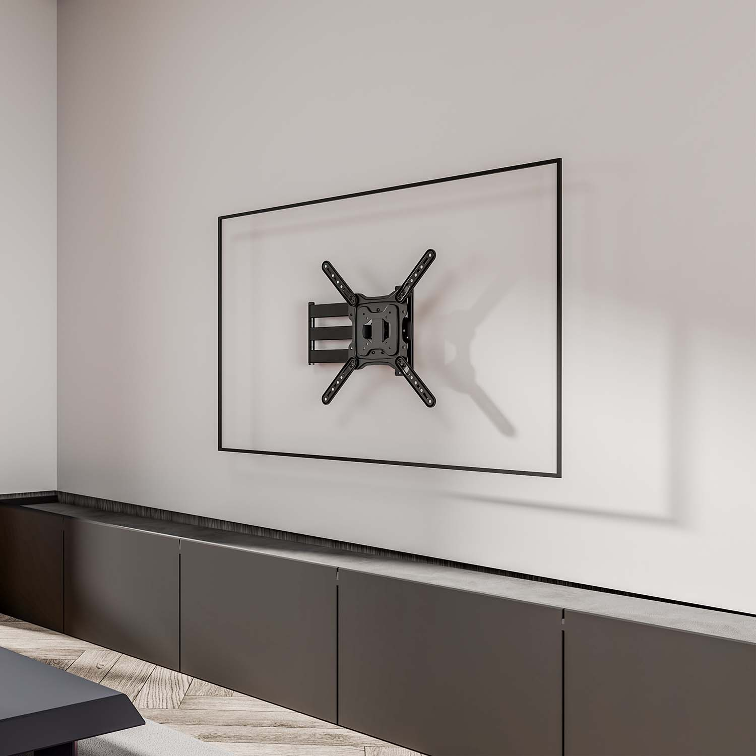 Un soporte de pared para TV negro está instalado en una pared blanca. Un marco negro perfila un área de TV. Debajo hay gabinetes oscuros.