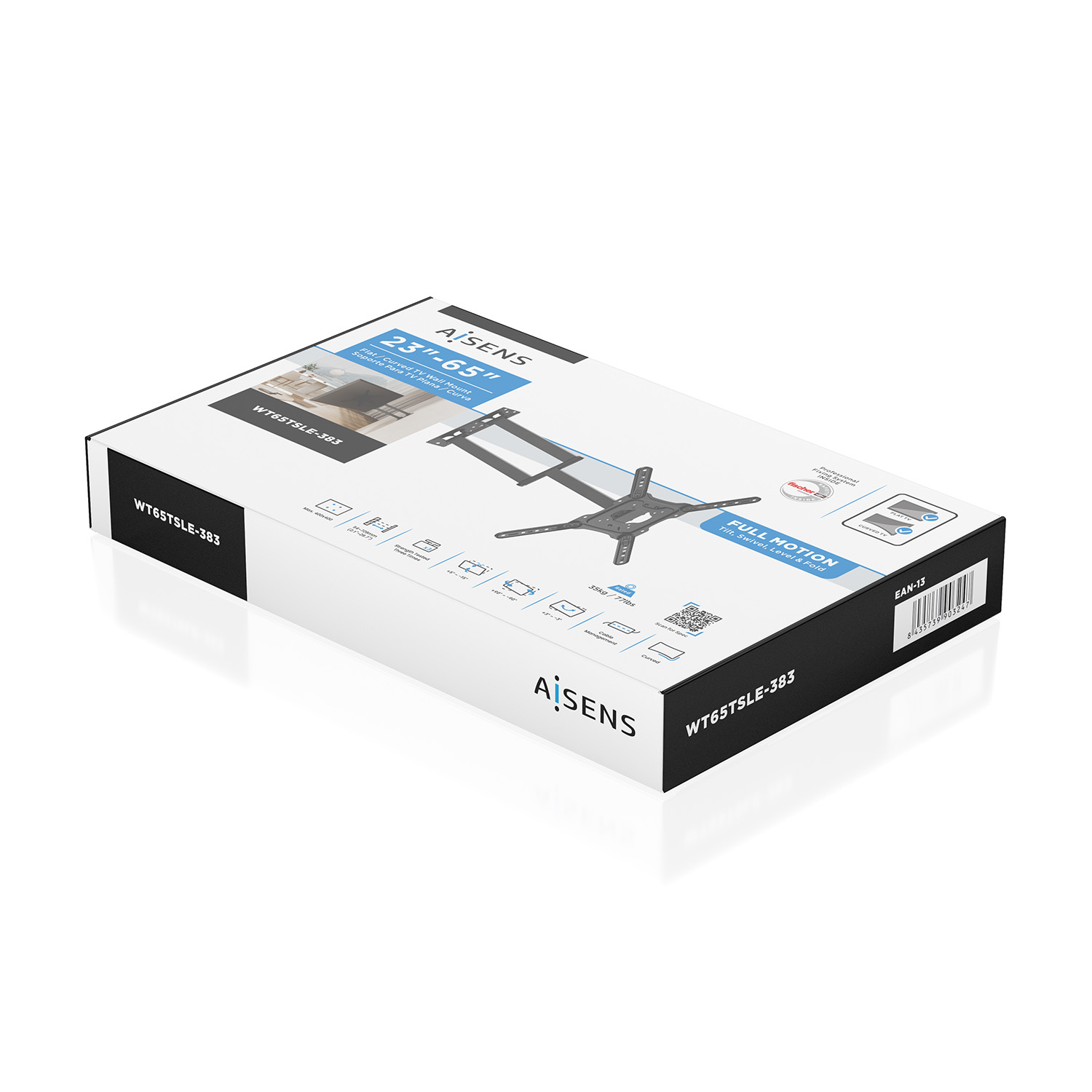 Una caja para un soporte de pared de TV, etiquetada como 'AISENS'. Soporta televisores planos/curvos de 23"-65", con capacidades de movimiento completo.