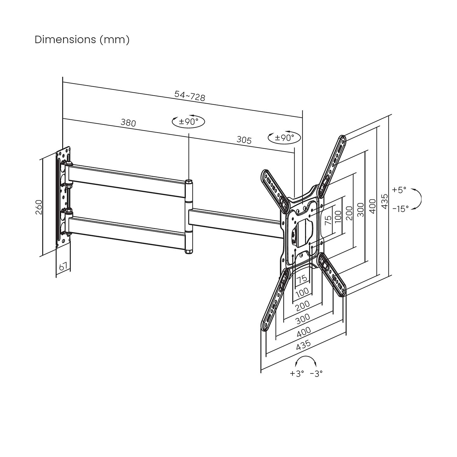 Diagrama de un soporte de pared para TV con dimensiones en milímetros. Muestra medidas, ángulos y patrones de orificios de montaje.
