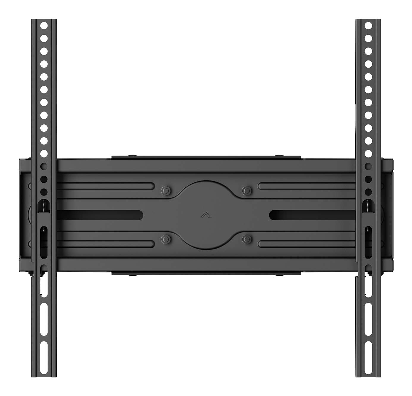 Un soporte de pared para TV negro. Tiene rieles verticales con agujeros y un componente central horizontal.