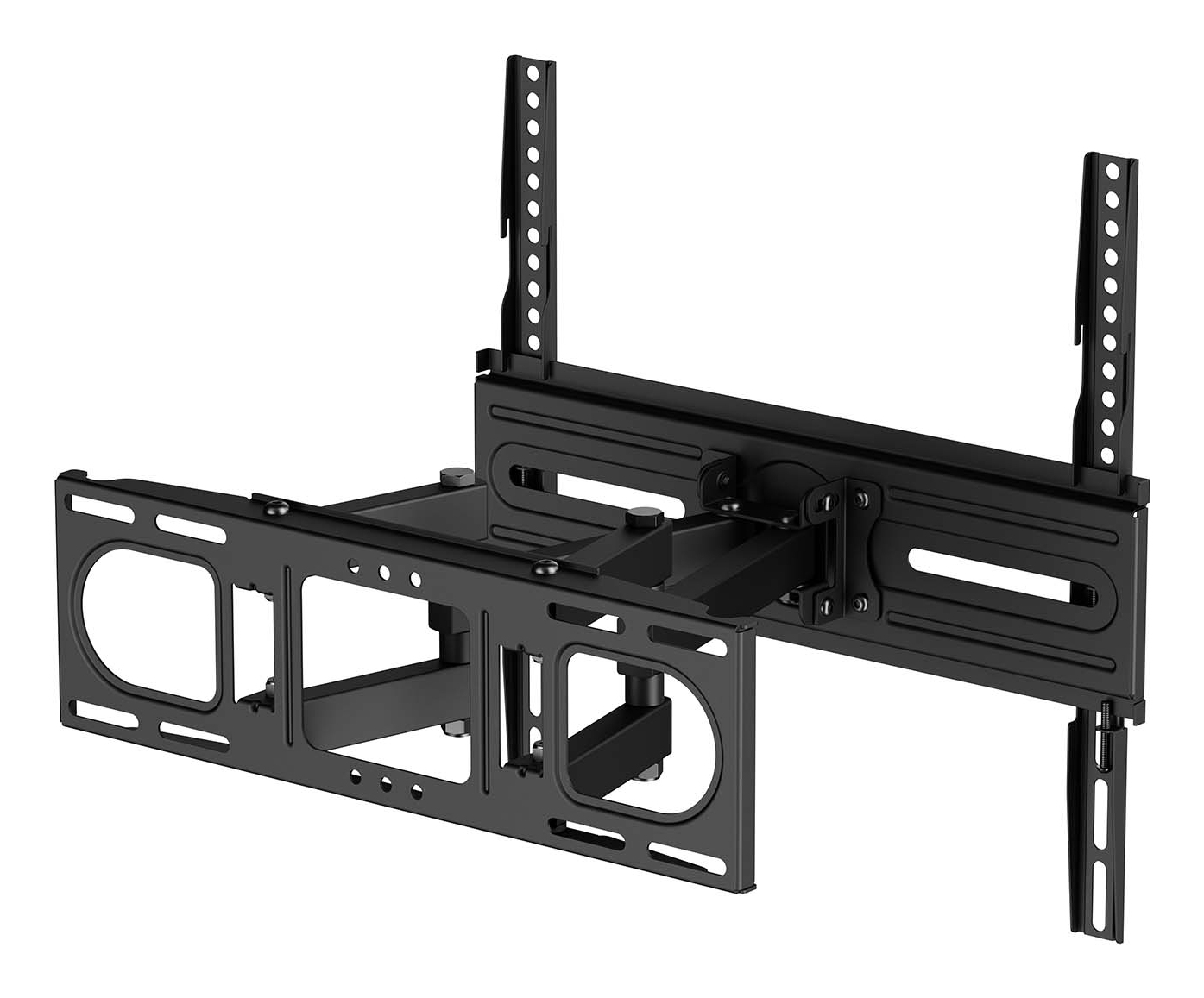Un soporte de pared para TV negro y articulado. Tiene múltiples puntos de montaje y brazos ajustables para varios tamaños de TV. Es de metal.