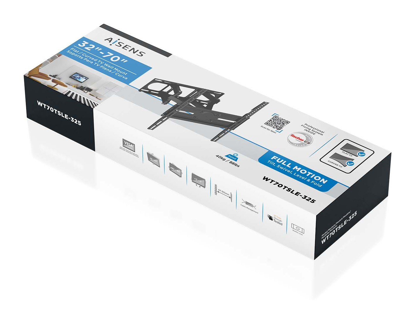 Caja de un soporte de pared para TV con texto: AISENS, WT70TSLE-325, FULL MOTION, TV Plana/Curva, y una imagen del soporte.
