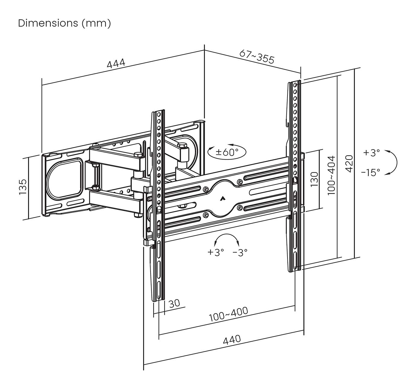 Diagrama de un soporte de pared para TV. Las dimensiones están etiquetadas en mm: 444, 67-355, 100-404, 420, 130, 100-400, 440, 135 y 30.