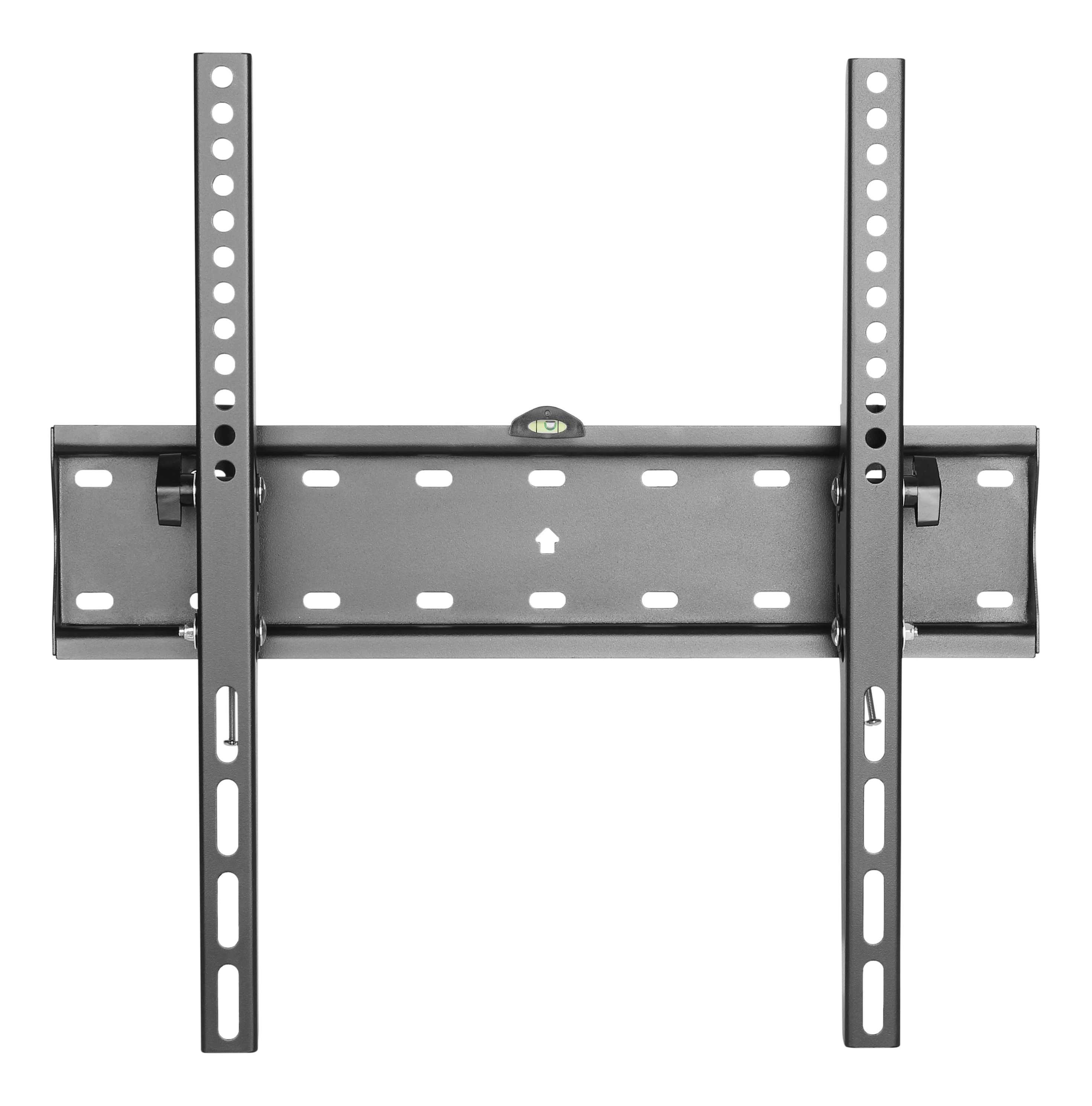 Un support mural TV en métal. Il possède deux rails verticaux avec des trous et une plaque horizontale.