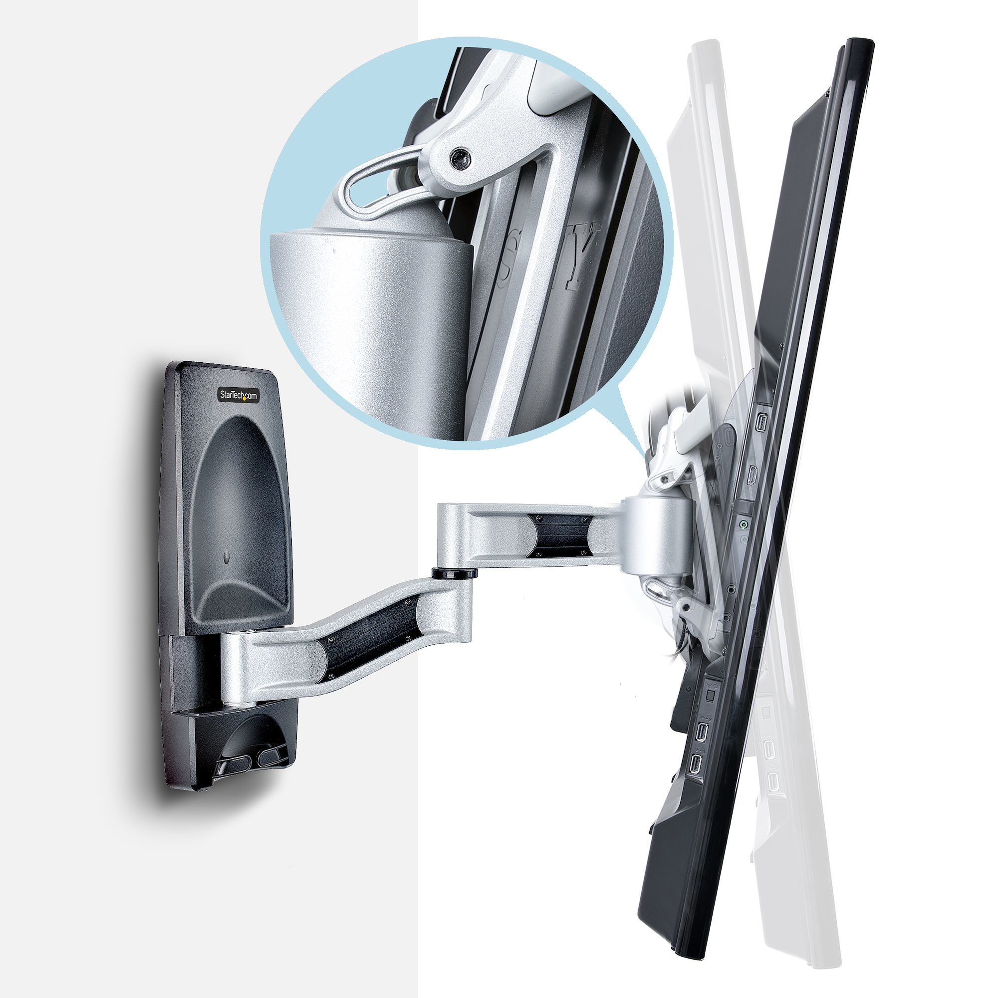 Eine Wandhalterung für einen Monitor, silber und schwarz, mit einem Bildschirm. Nahaufnahme eines Teils des Arms und des Bildschirms.