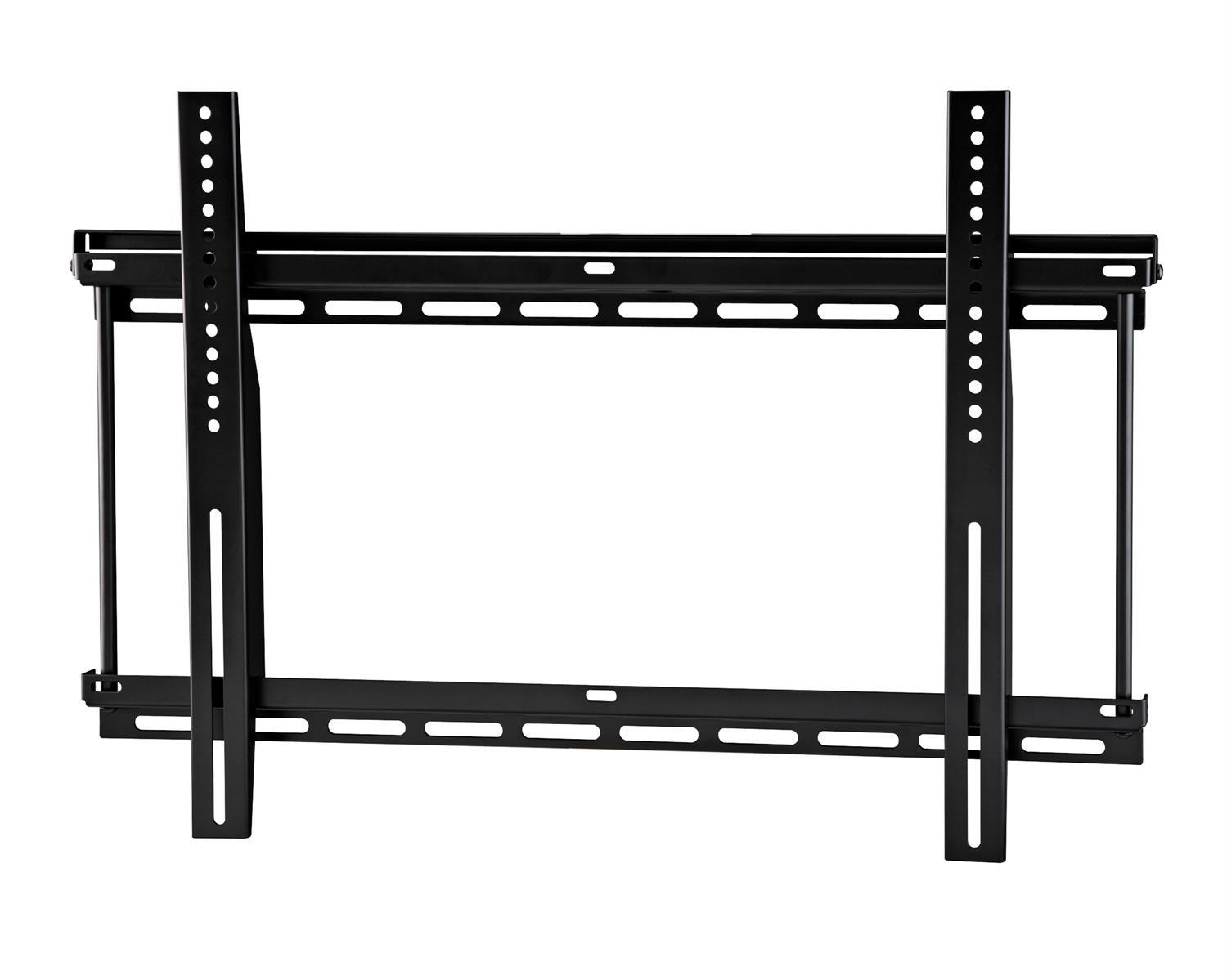 Supporto a parete TV nero, rettangolare, isolato su bianco. Supporti verticali con fori, barre orizzontali e apertura rettangolare.