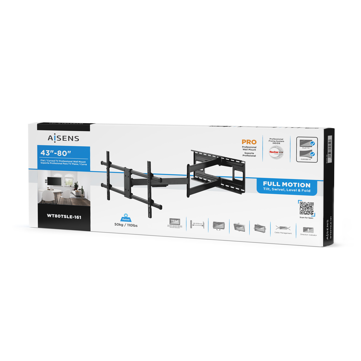 Una scatola per supporto a parete TV. Mostra un supporto TV nero, il marchio e le specifiche per TV 43"-80".