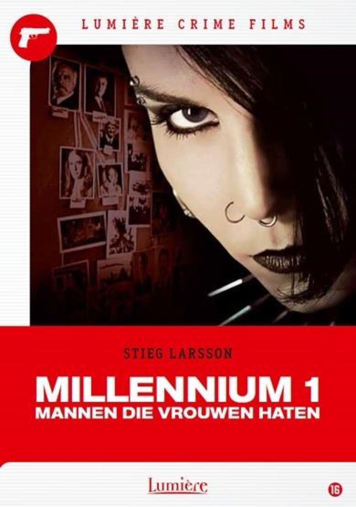 Affiche de film. Visage de femme avec piercings. Le fond comporte des photos et du texte. Le titre est 'Millennium 1'. Palette de couleurs rouge et noir.