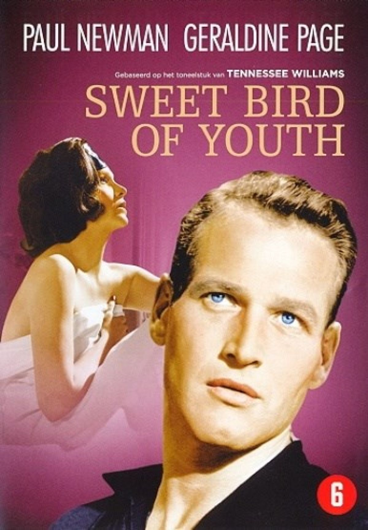 Affiche du film Sweet Bird of Youth. Paul Newman regarde en avant. Geraldine Page en arrière-plan. Fond violet.