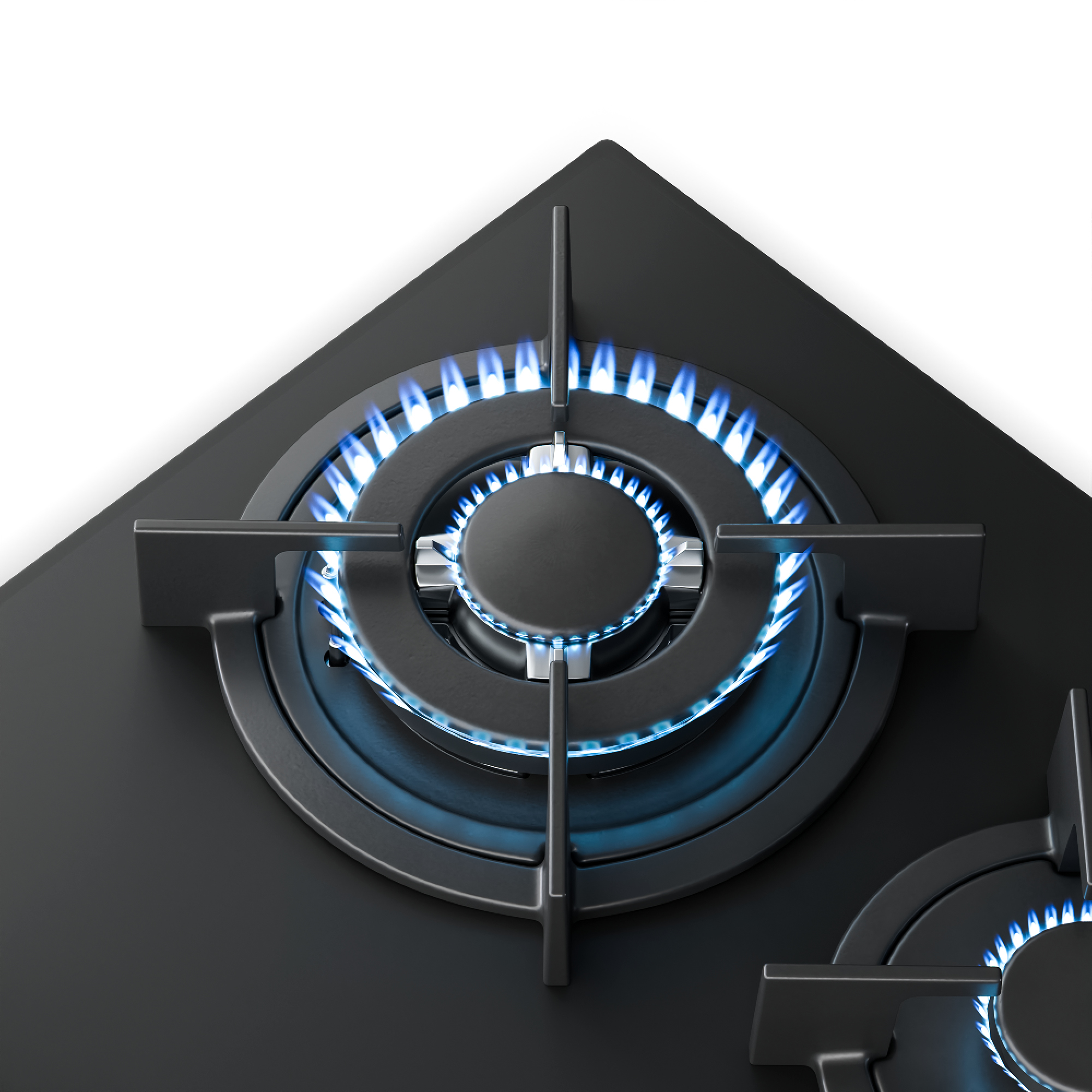 Primer plano de un quemador de cocina a gas negro con llamas azules. El fondo es blanco.