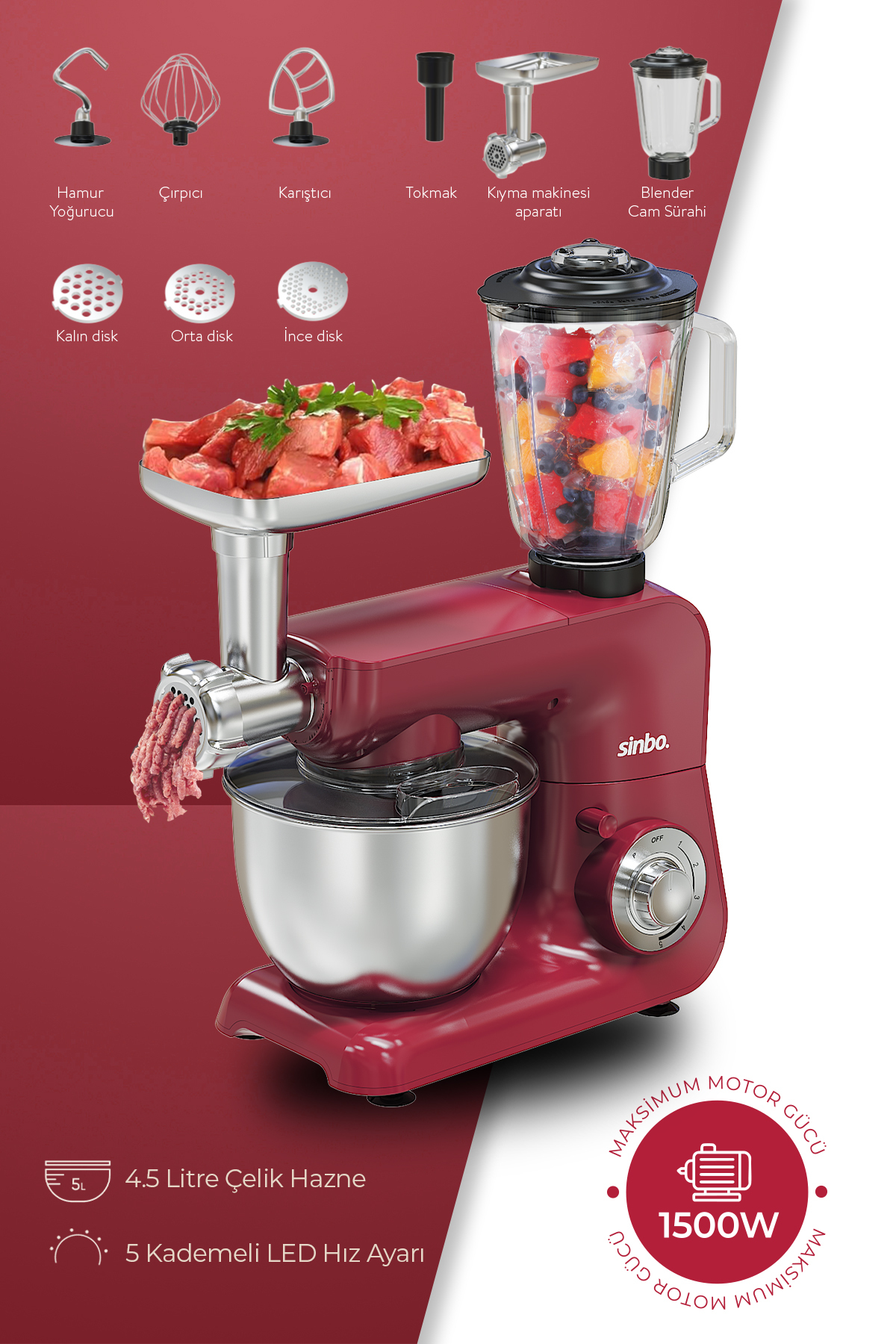 SINBO SMX-2775 Çok Amaçlı 3 in 1 Hamur Yoğurma,Kıyma Makinesi,Sürahi Blender 1500 W Mutfak Şefi Kırmızı
