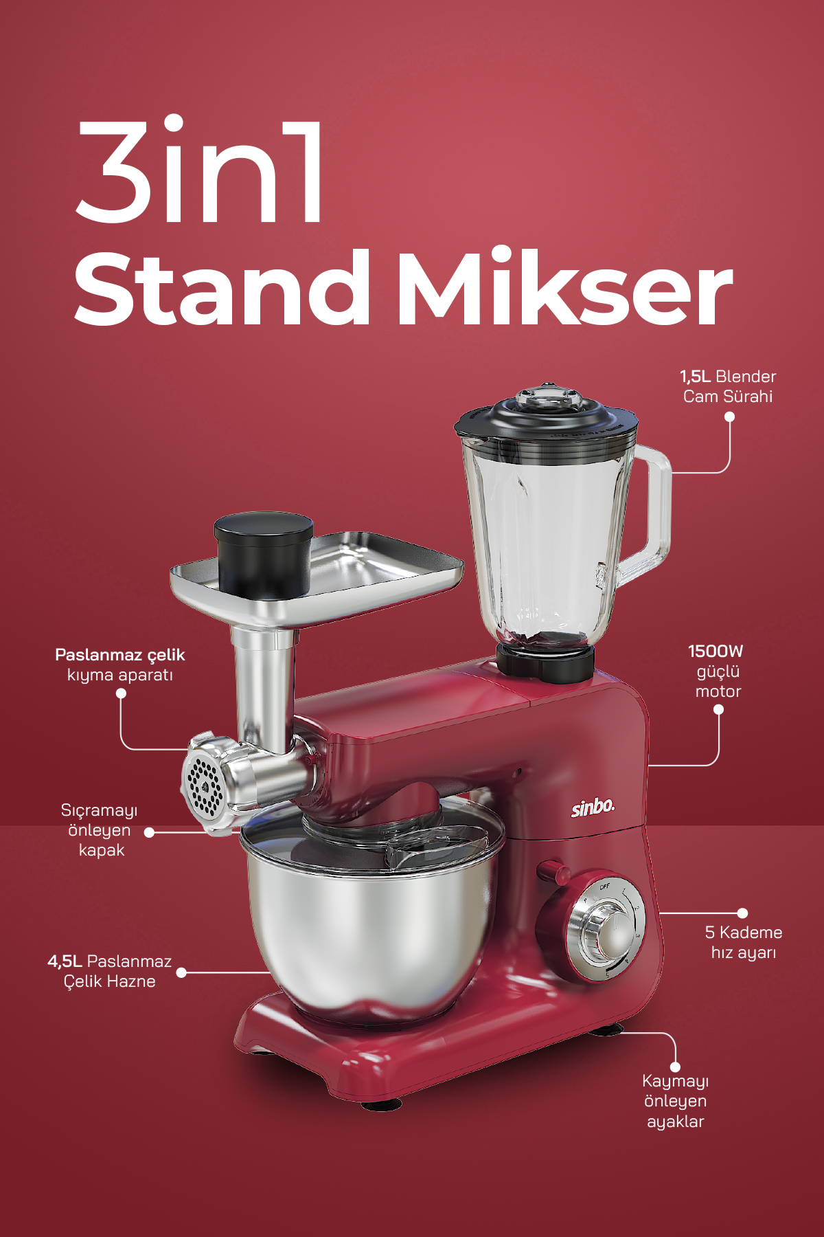 SINBO SMX-2775 Çok Amaçlı 3 in 1 Hamur Yoğurma,Kıyma Makinesi,Sürahi Blender 1500 W Mutfak Şefi Kırmızı