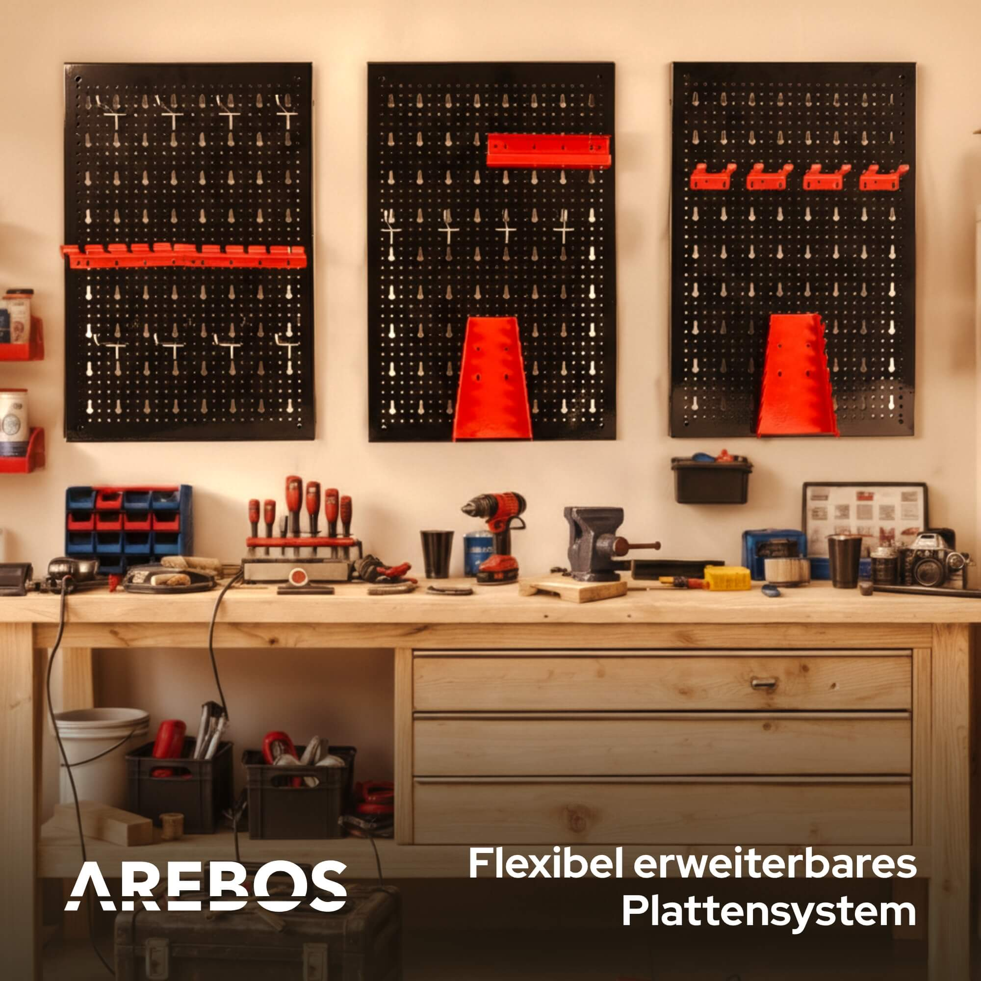 Werkstattszene mit schwarzen Lochwänden, roten Werkzeugen und einer Werkbank. Werkzeuge und Materialien sind organisiert, mit AREBOS-Logo.