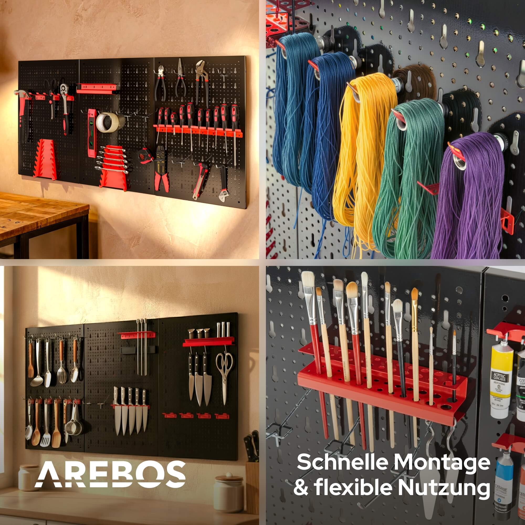 Das Bild zeigt vier Abschnitte mit Werkzeugen, Fadenspulen, Utensilien und Pinseln, die auf schwarzen Lochplatten organisiert sind.