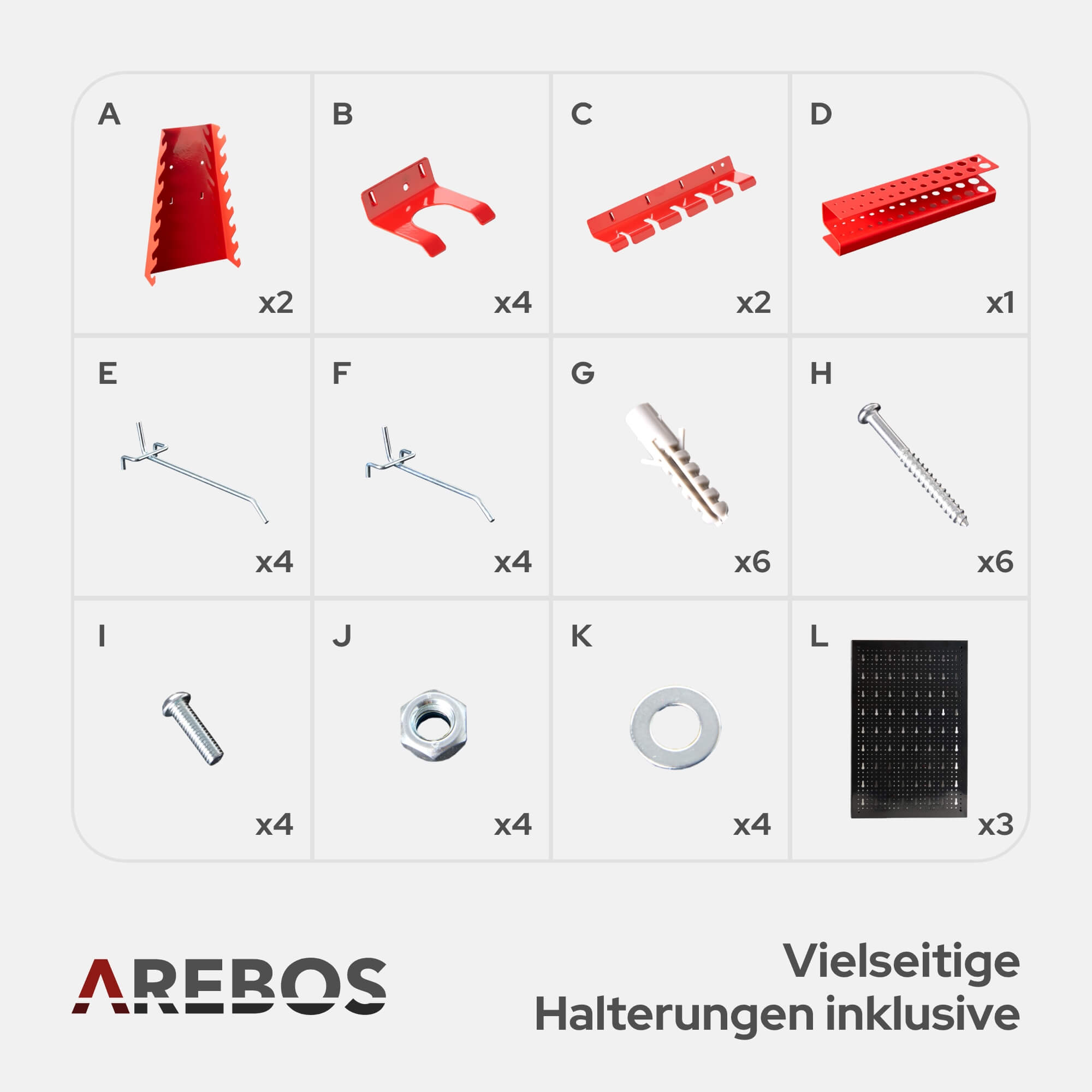 Das Bild zeigt verschiedene rote Metall-Werkzeughalter und Montage-Hardware-Komponenten. Enthält Halterungen, Schrauben und Montageplatten.