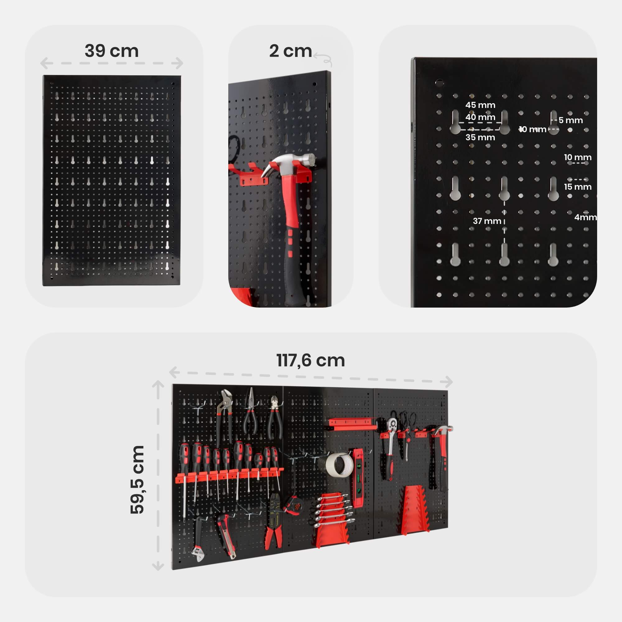 Schwarze Lochwand mit Werkzeugen, Maße beschriftet. Enthält Hammer, Zangen, Schraubendreher, Schraubenschlüssel und Maßband, alles hängend.