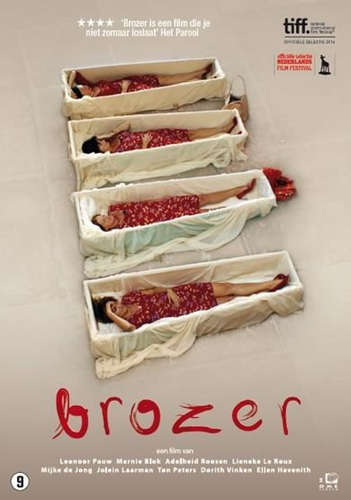 Poster voor de film 'Brozer'. Toont vrouwen in doodskisten. Tekst in het Nederlands. Rode titel 'brozer' en een logo.