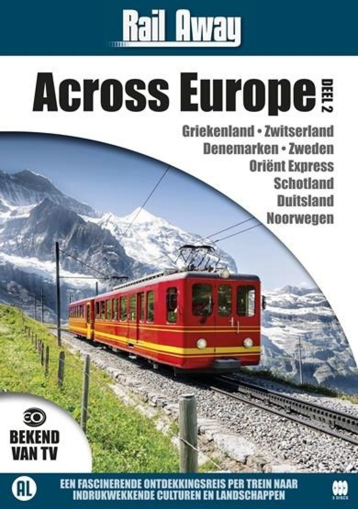 Een rood-gele trein rijdt op rails voor besneeuwde bergen. De cover zegt 'Across Europe' met verschillende landen.