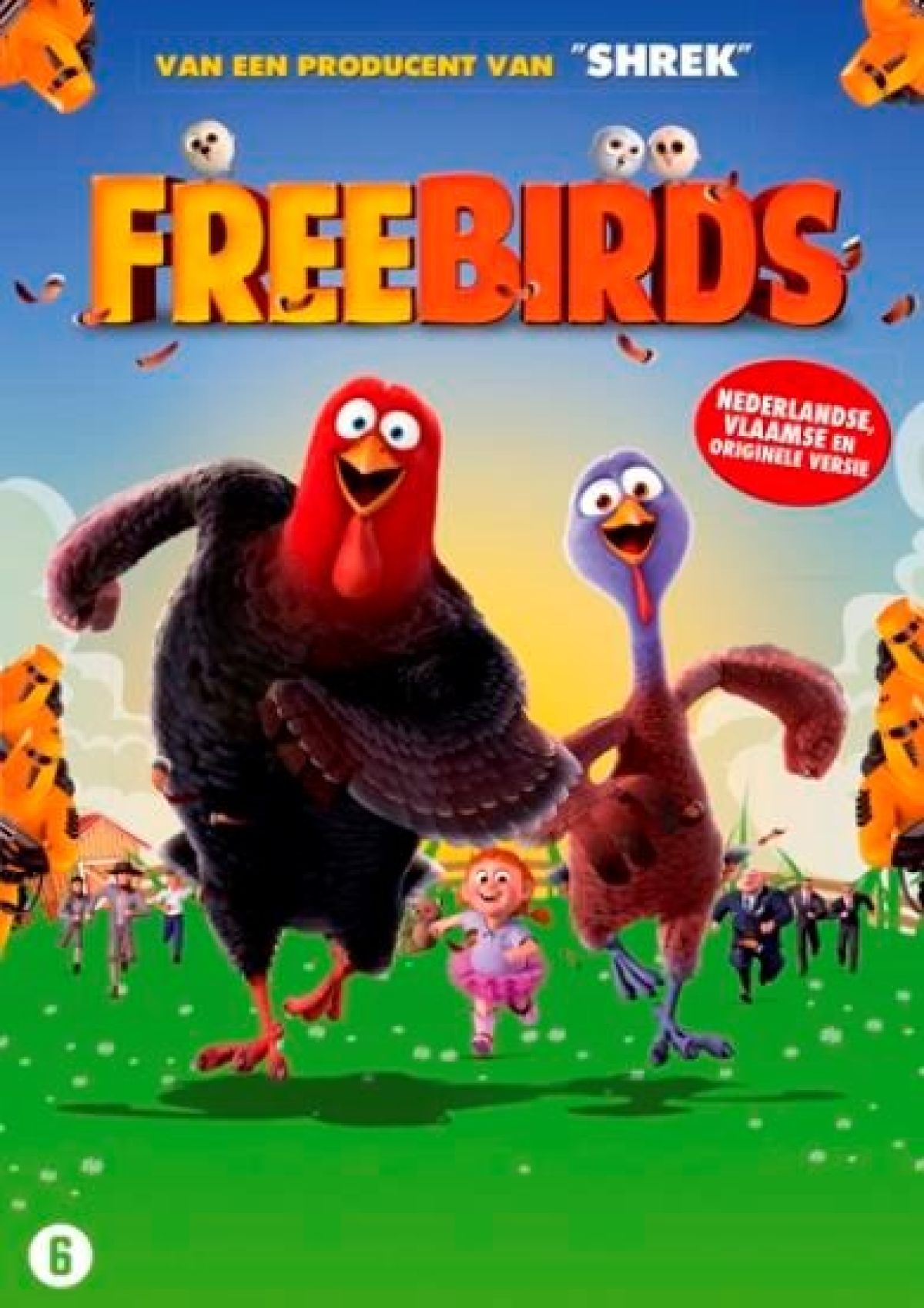 Affiche du film d'animation 'Free Birds'. Deux dindes et une fille courent sur l'herbe verte. Le titre est au-dessus.