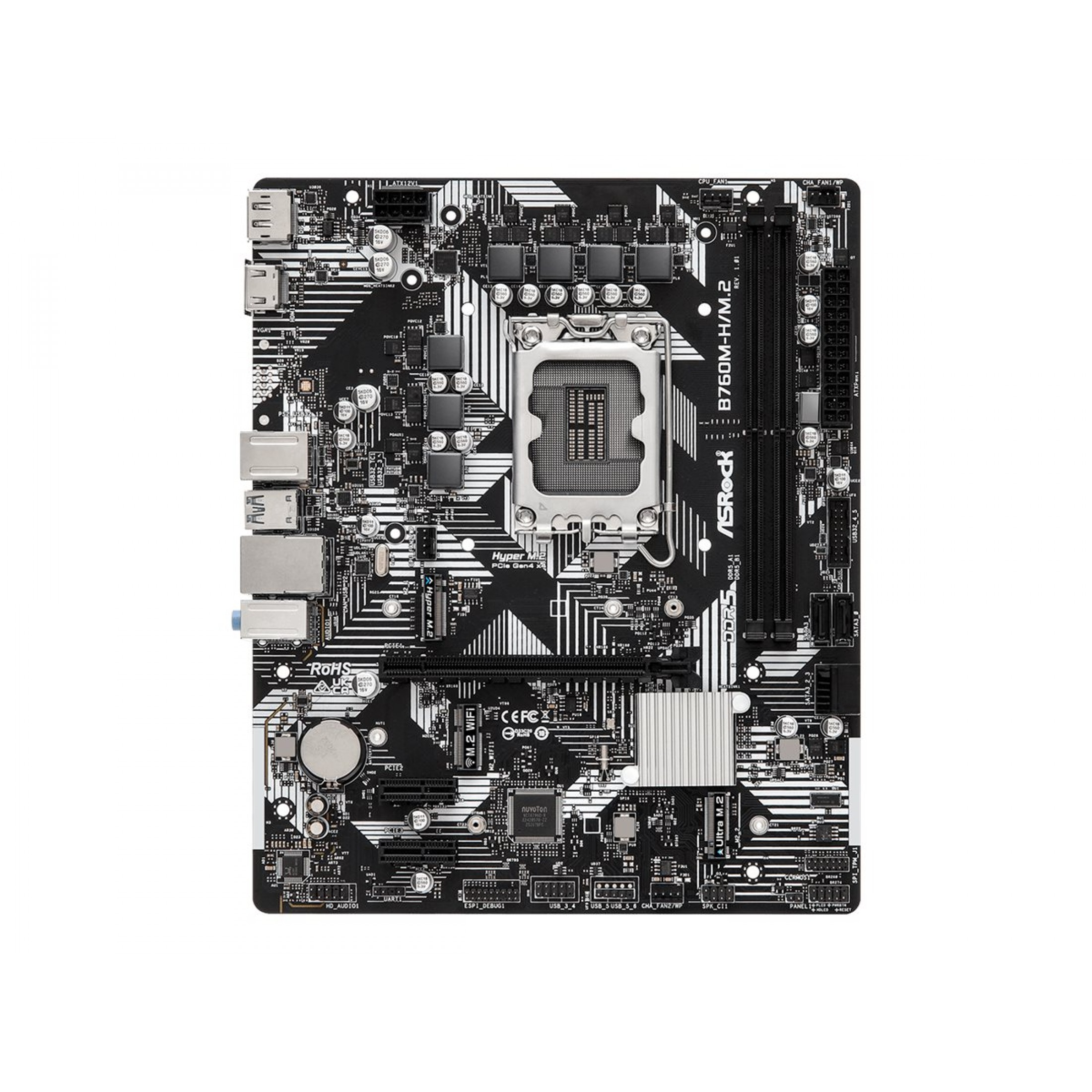Czarno-biała płyta główna ASRock B760M-H/M.2 z wieloma komponentami i złączami na białym tle.