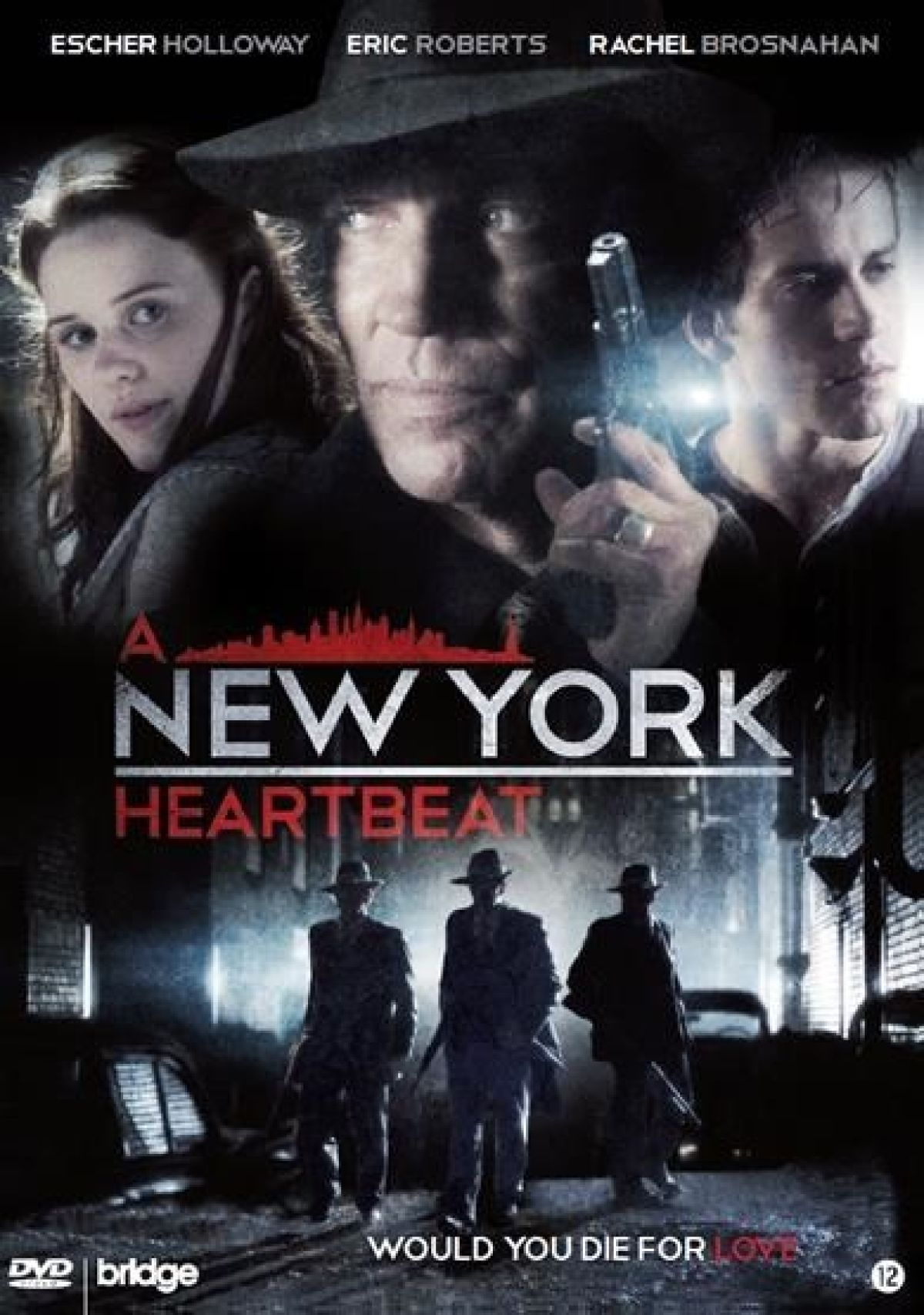 Affiche du film : A New York Heartbeat. Présente des acteurs et des silhouettes d'hommes avec des chapeaux. Texte du titre en blanc et rouge.