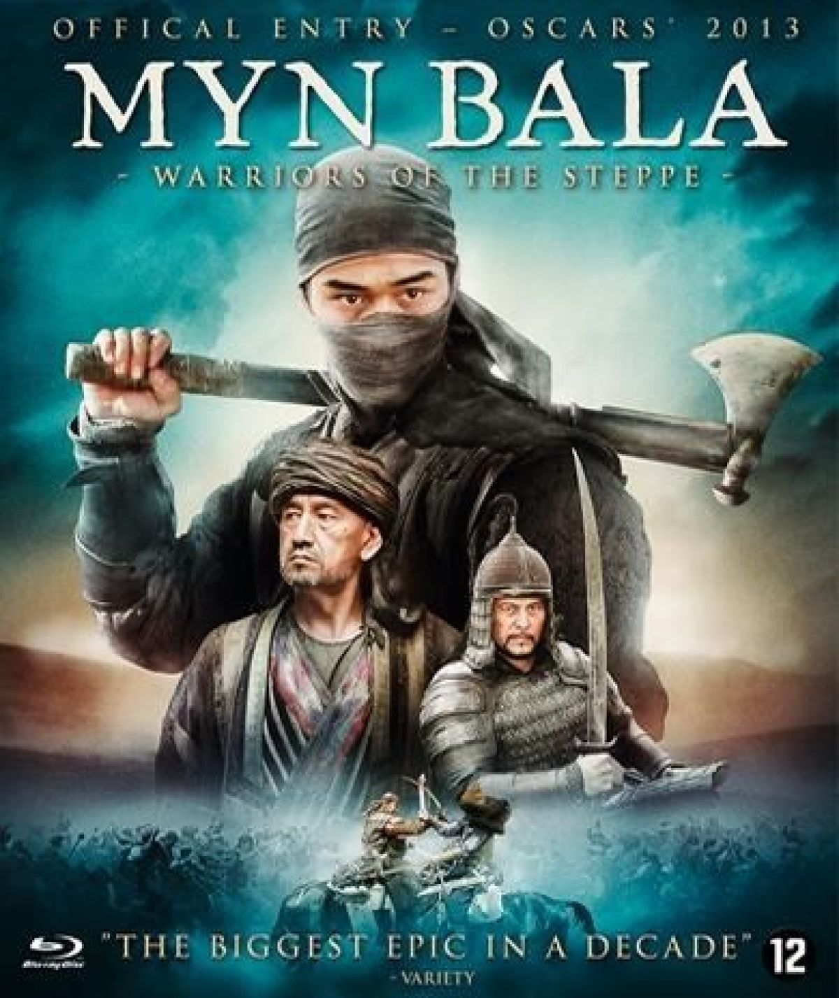 Filmposter voor 'Myn Bala'. Krijgers met wapens staan op de voorgrond. Titeltekst en 'Oscars 2013' bovenaan. Blu-ray logo onderaan.