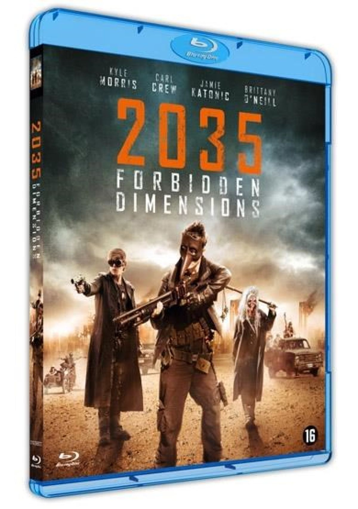 Filmposter voor '2035 Forbidden Dimensions'. Drie figuren met wapens in een verlaten landschap. Blu-ray hoes.