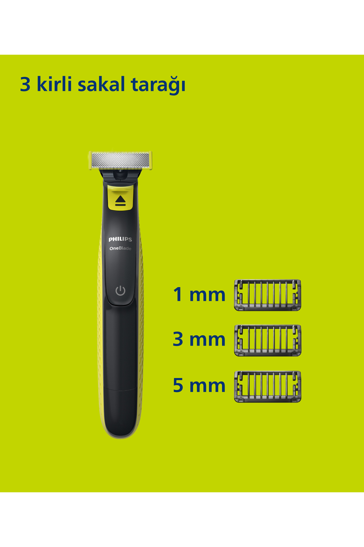 Trymer Philips OneBlade z trzema nasadkami (1 mm, 3 mm, 5 mm) i tekstem "3 kirli sakal tarağı" na żółtym tle.